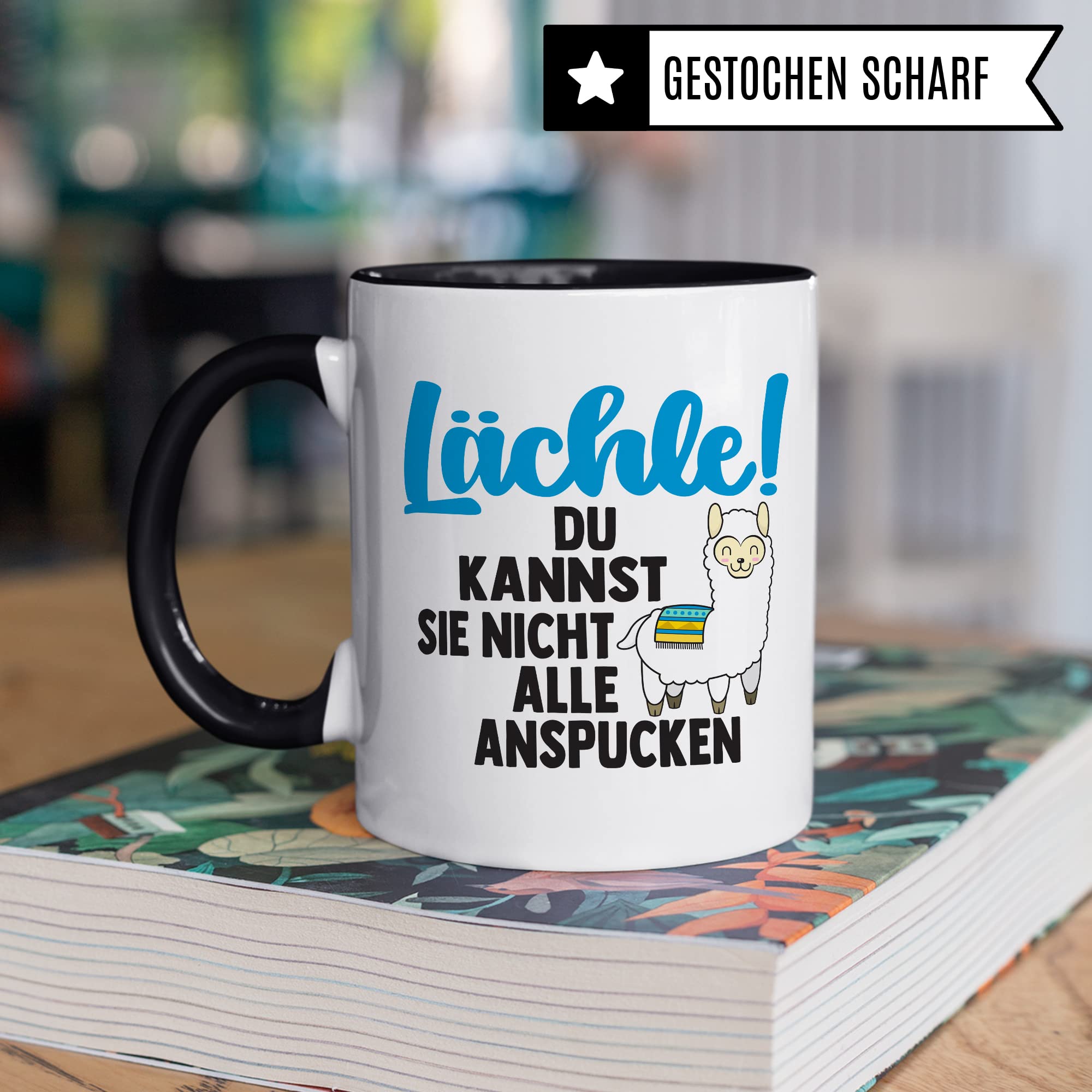 Tasse Lama Geschenk, Lächle! Du kannst sie nicht alle anspucken Geschenkidee Tasse mit Spruch lustig Kaffee-Becher Kaffeetasse Teetasse Humor Witz Witztasse Alpaka spucken