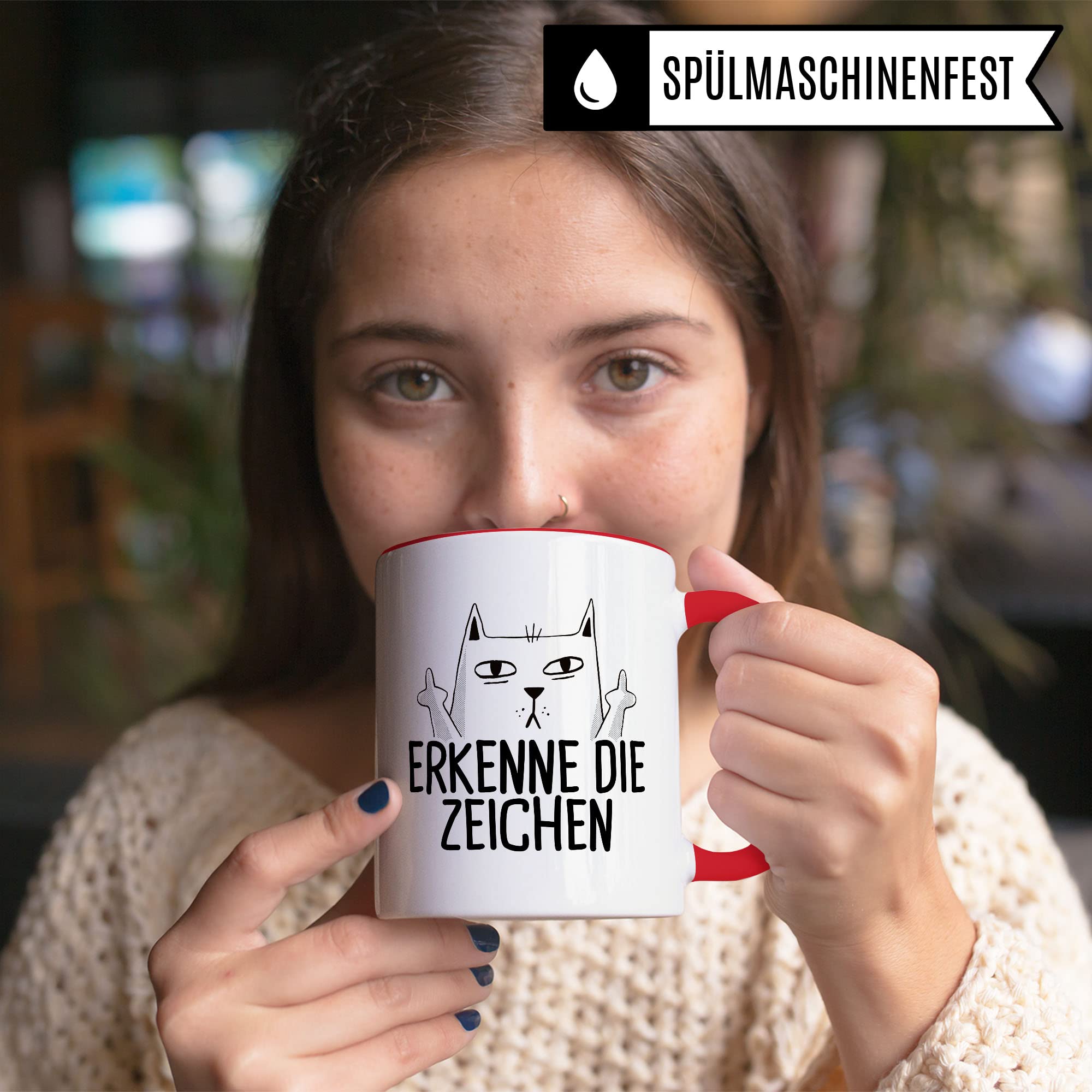 Tasse mit Katzen Motiv "Erkenne die Zeichen" mit Mittelfinger Comic - Kaffeetasse als lustiges Geschenk