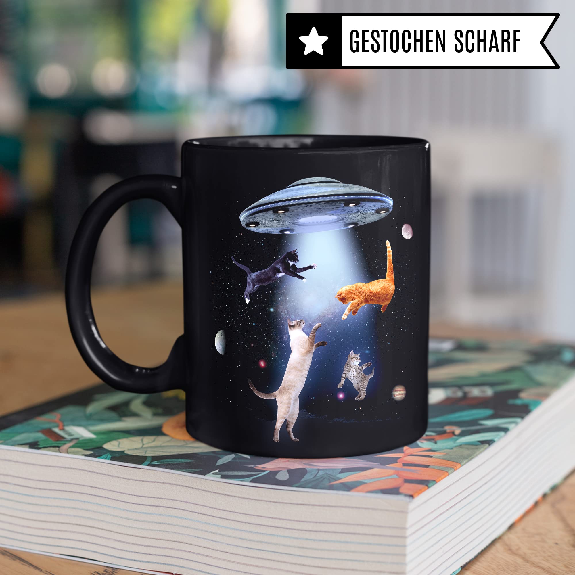 Tasse Katzen-Motiv, Humor Geschenk Katzenliebhaber, Ufo-Katzen-Tasse Motiv, Geschenk Kollegen, lustige Katze Kater Katzenfreund Büro-Tasse Witziges Motiv