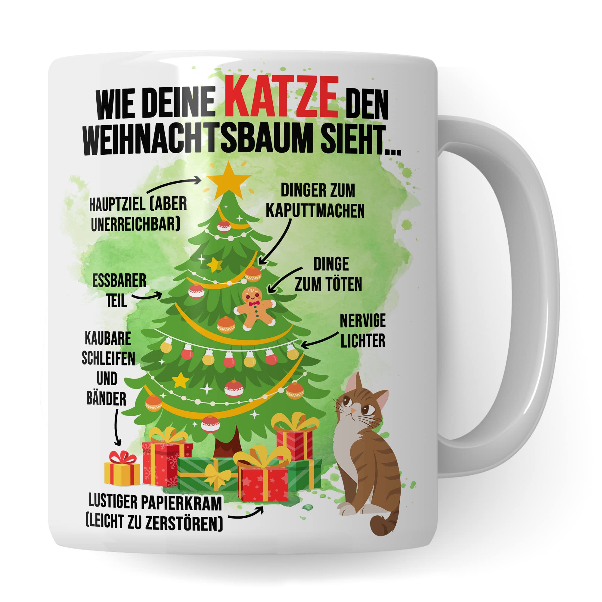 Katzen Tasse Weihnachten Kaffeetasse lustig Weihnachtsbaum Kaffee-Becher Katzenliebhaber Geschenkidee Vierbeiner Katzenhalter Geschenk Tasse mit Spruch Humor Sarkasmus Glühweintasse