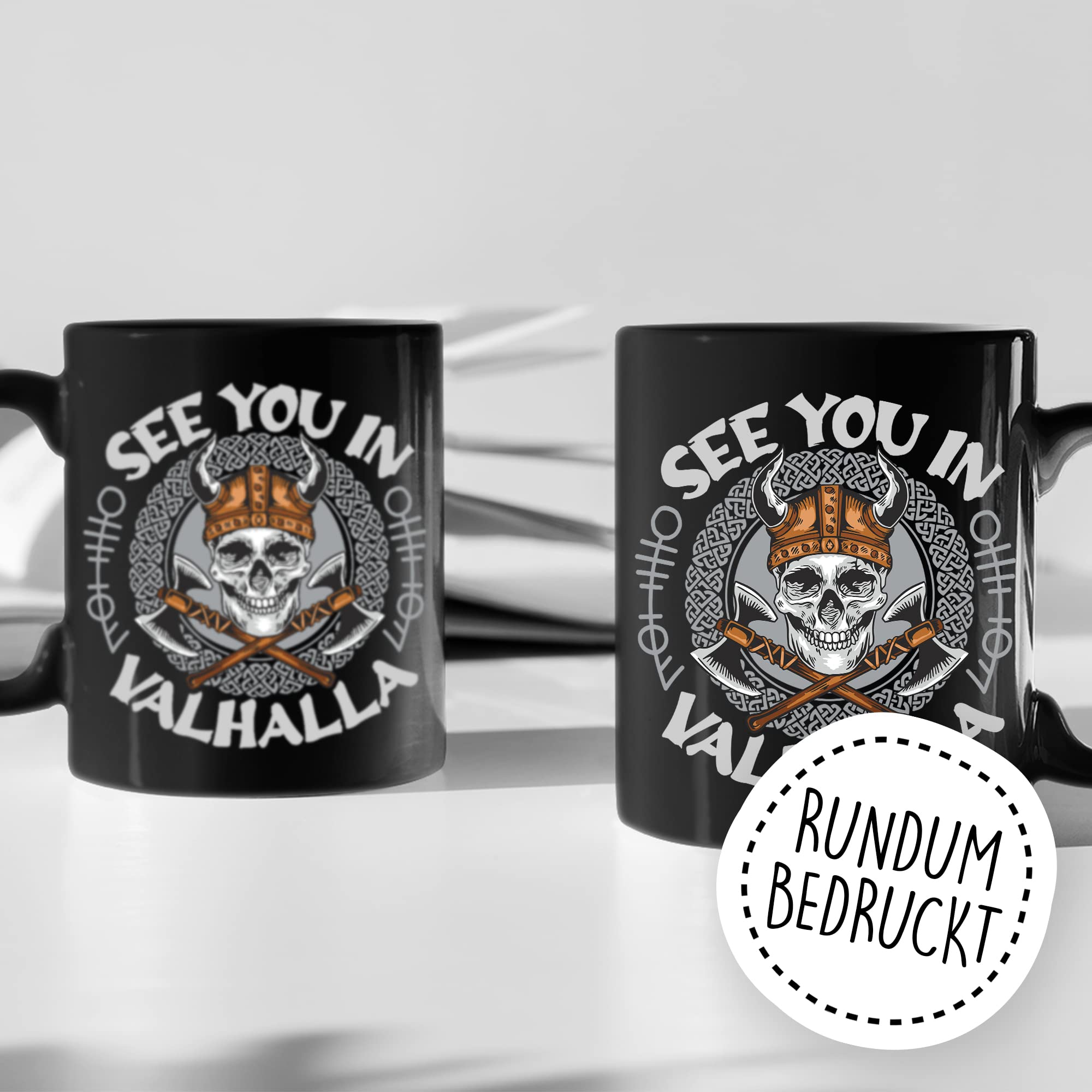 Tasse Wikinger Geschenk, See you in Valhalla Geschenkidee Kaffee-Becher Kaffetasse mit Motiv Wikinger Valhalla Viking Teetasse Totenkopf Axt