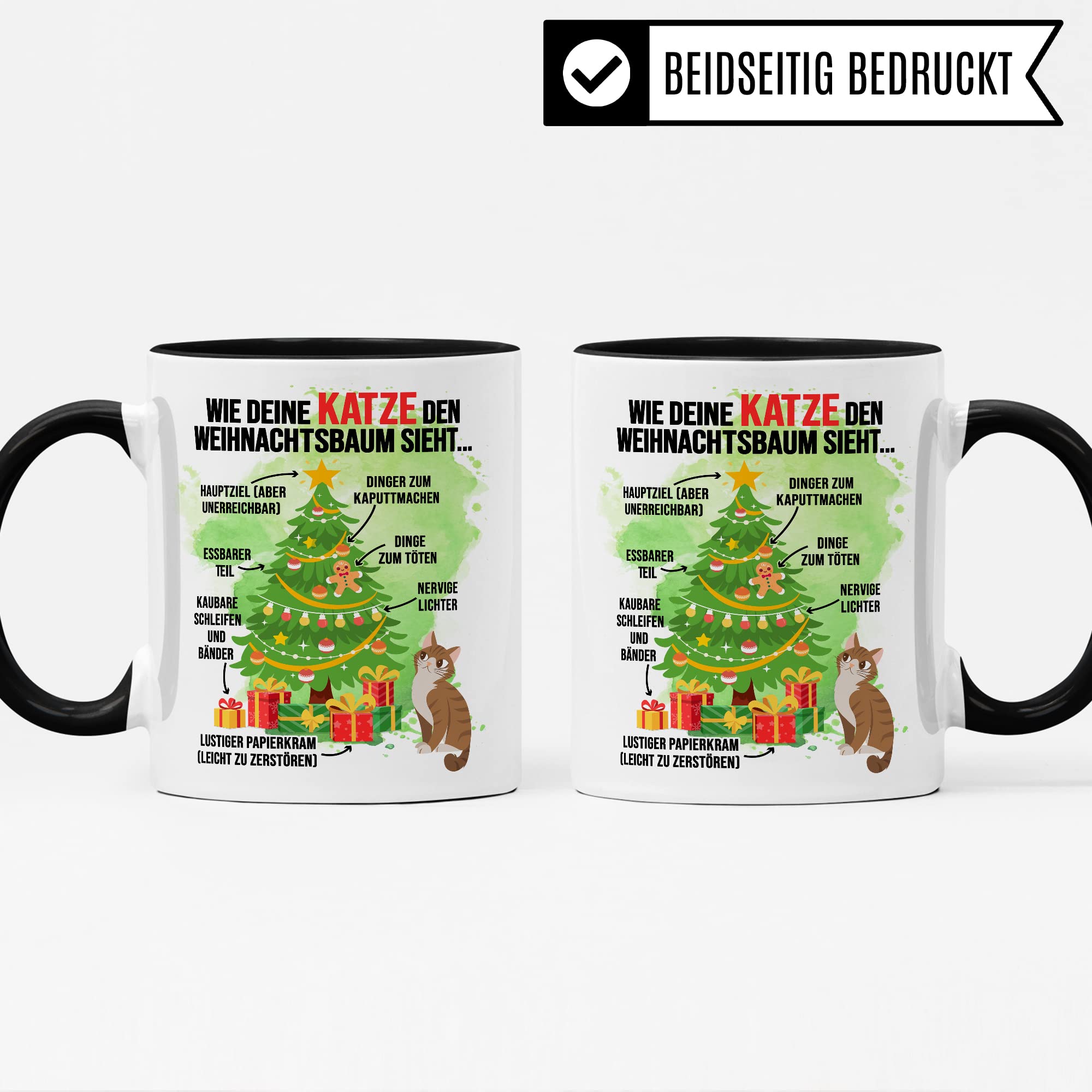 Katzen Tasse Weihnachten Kaffeetasse lustig Weihnachtsbaum Kaffee-Becher Katzenliebhaber Geschenkidee Vierbeiner Katzenhalter Geschenk Tasse mit Spruch Humor Sarkasmus Glühweintasse