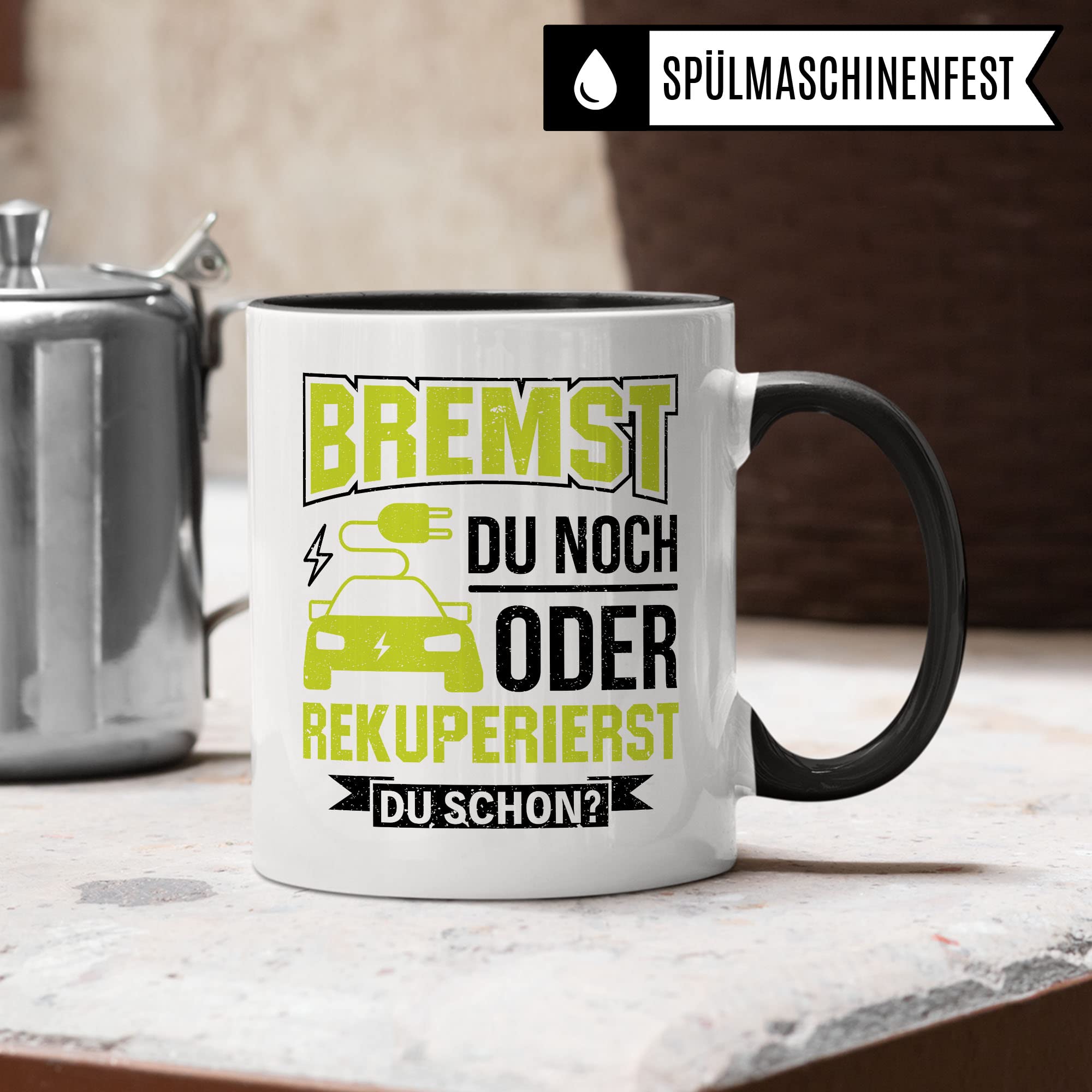 Elektroauto Tasse Geschenkidee Kaffeetasse Humor Witz Geschenk für E-Auto Fahrer Kaffeebecher Rekupertion Becher