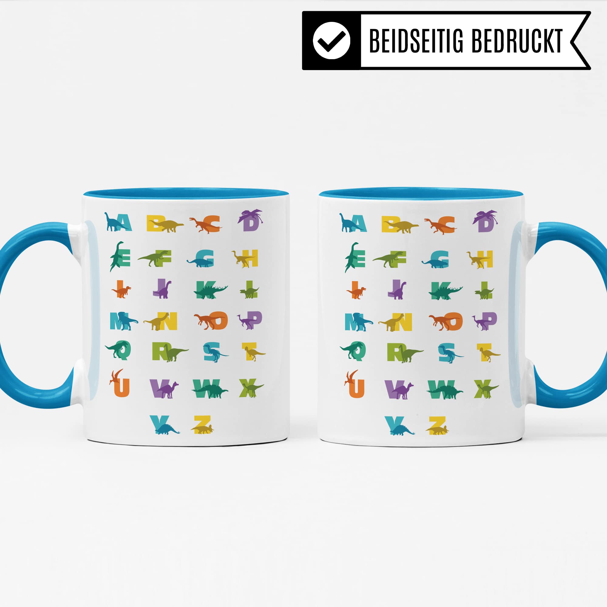 Alphabet Tasse für Kinder, Dino Becher zum Buchstaben lernen mit Dinosaurier Schulkind Schule Motiv für Jungen & Mädchen