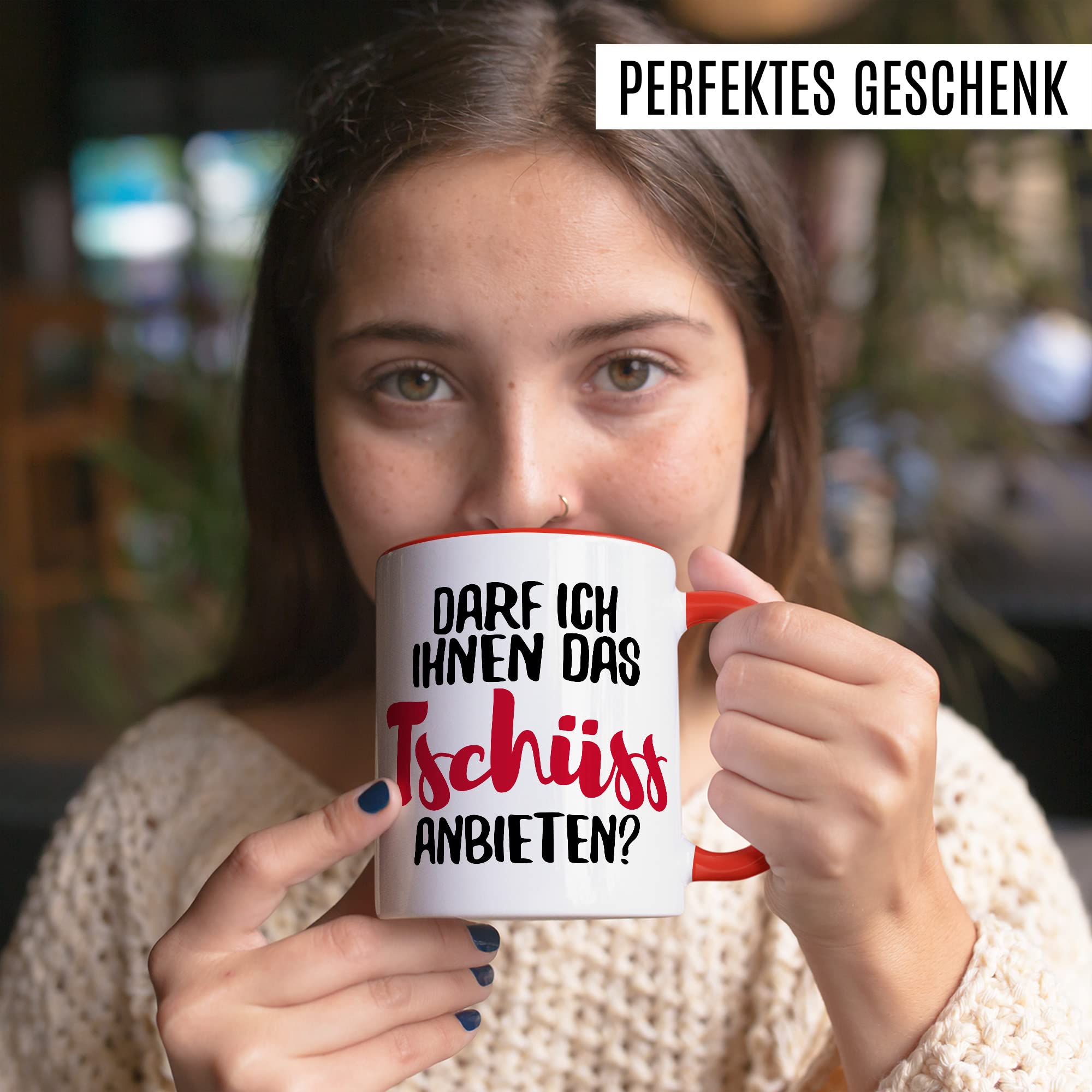 Tasse mit Spruch Büro lustig Kaffeetasse Arbeit Kaffee-Becher mit Witz Arbeitsplatz Job Geschenkidee Humor Geschenk Kollegin Chef Kollege Darf ich ihnen das tschüss anbieten Sarkasmus