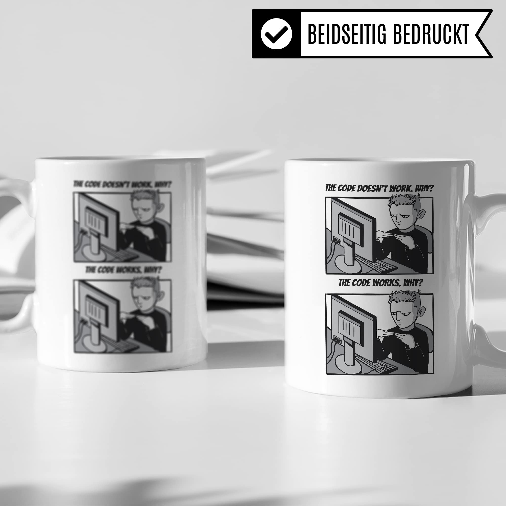 Informatik Geschenk Tasse, The Code doesn´t work - Why? Geschenkidee für Programmierer Kaffee-Becher Informatiker Programmieren Teetasse mit Spruch lustig