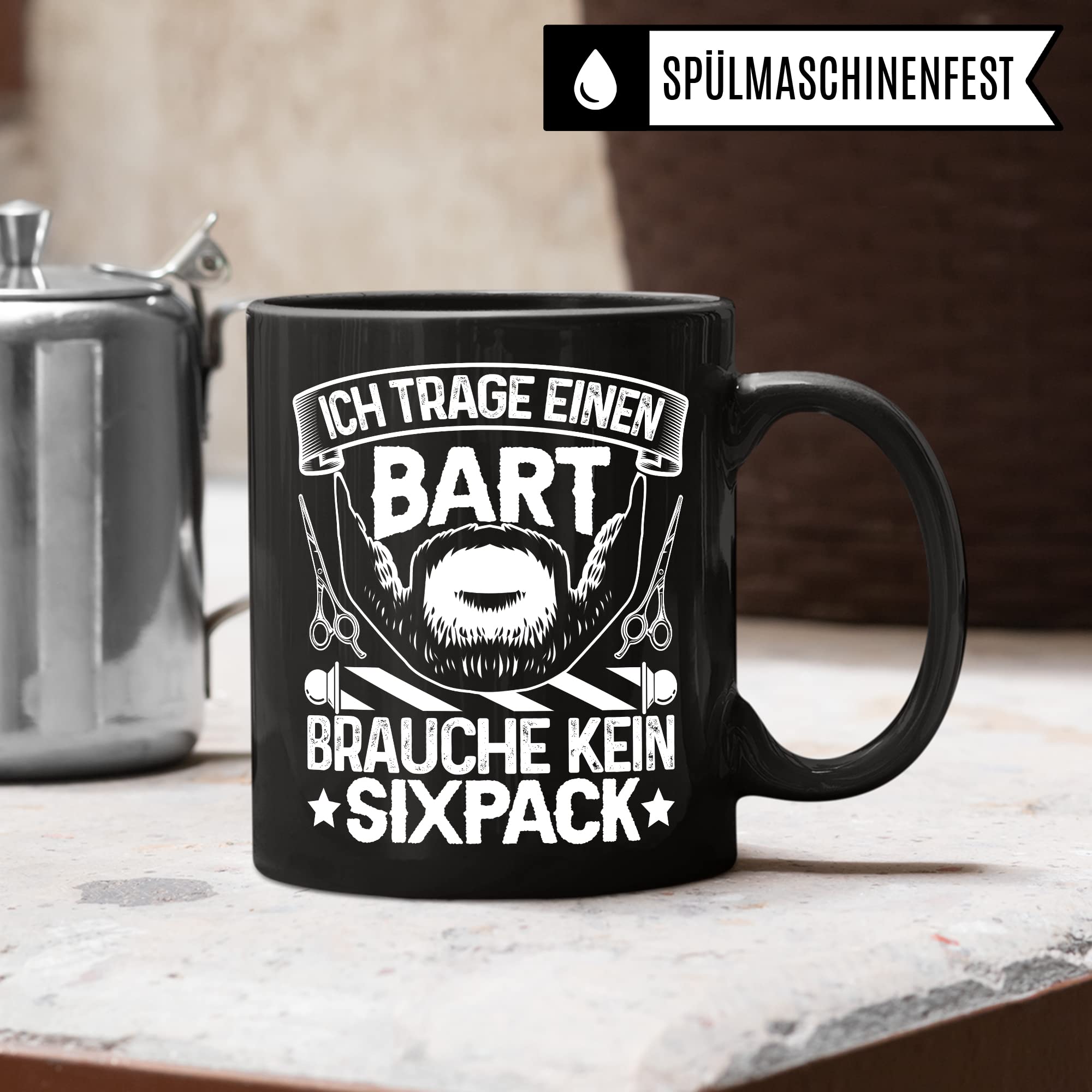 Bartträger Tasse, Ich trage einen Bart - brauche kein Sixpack, Bart Geschenkidee, lustiger Spruch Mann mit Bart, Geschenk Kollegen Freund Kumpel Kaffee-Becher