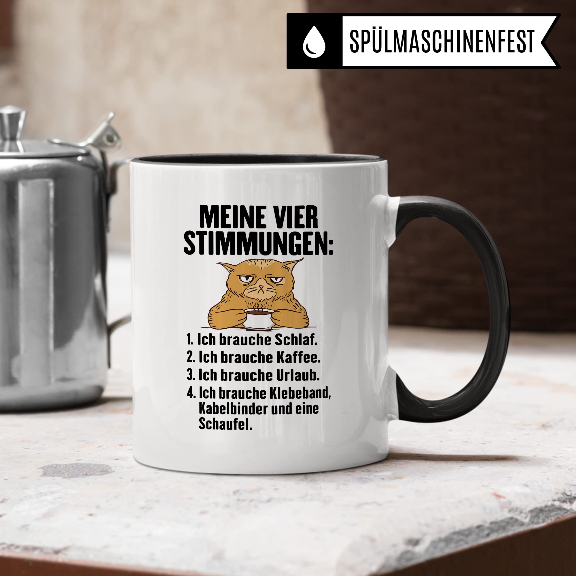 Tasse Humor Geschenk, Meine vier Stimmungen Kaffeetasse mit Spruch lustig Geschenkidee Kaffee-Becher Flachwitz humorvolle Teetasse Witzbold Humortasse