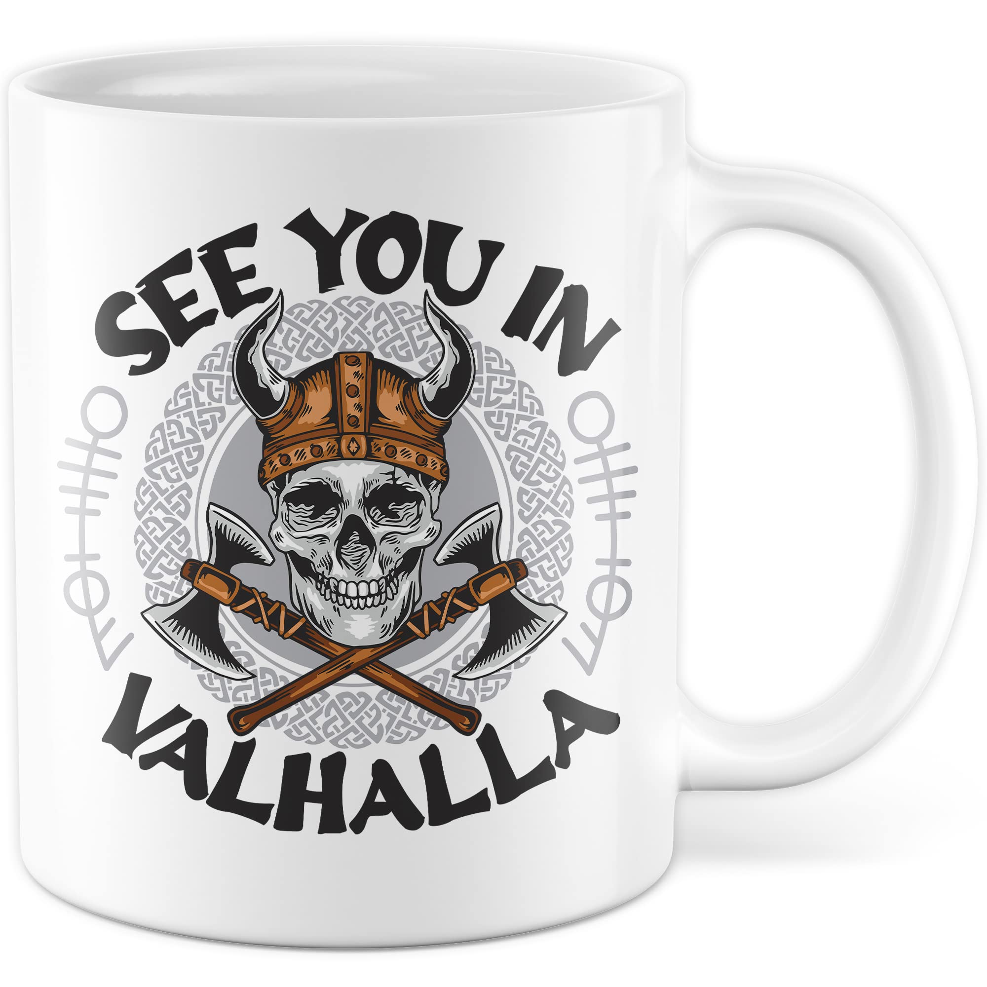 Tasse Wikinger Geschenk, See you in Valhalla Geschenkidee Kaffee-Becher Kaffetasse mit Motiv Wikinger Valhalla Viking Teetasse Totenkopf Axt