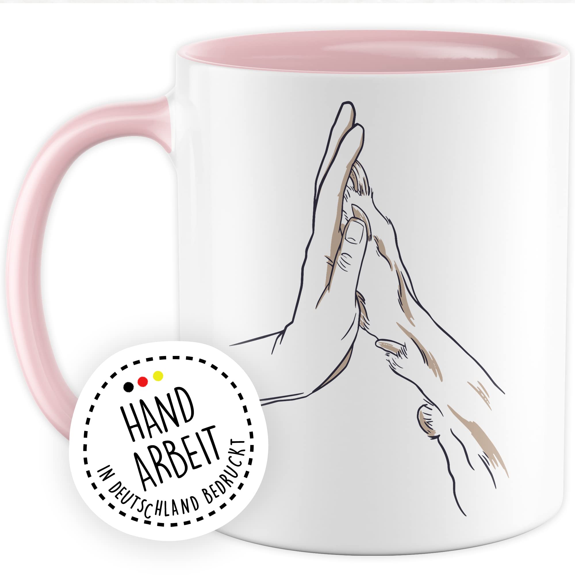 Tasse Hund & Mensch Geschenk Geschenkidee Herrchen Frauchen Hundemama Hundepapa Vierbeiner Comic Kaffeetasse mit Hundemotiv Kaffee-Becher Hund mit Mensch Teetasse Hand und Pfote