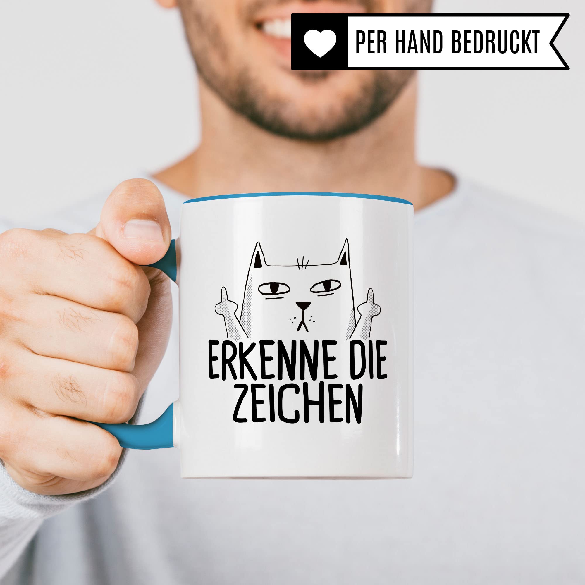 Tasse mit Katzen Motiv "Erkenne die Zeichen" mit Mittelfinger Comic - Kaffeetasse als lustiges Geschenk