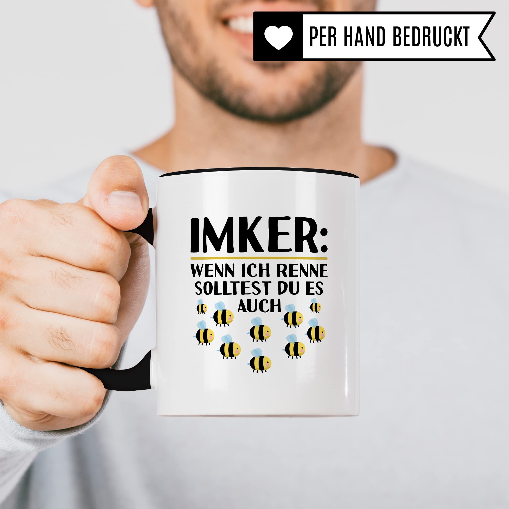 Tasse Imker Geschenk, Wenn ich renne solltest du es auch Geschenkidee Bienenzüchter Kaffee-Becher Tasse mit Spruch lustig Kaffeetasse Bienenvater Witztasse Humor Teetasse