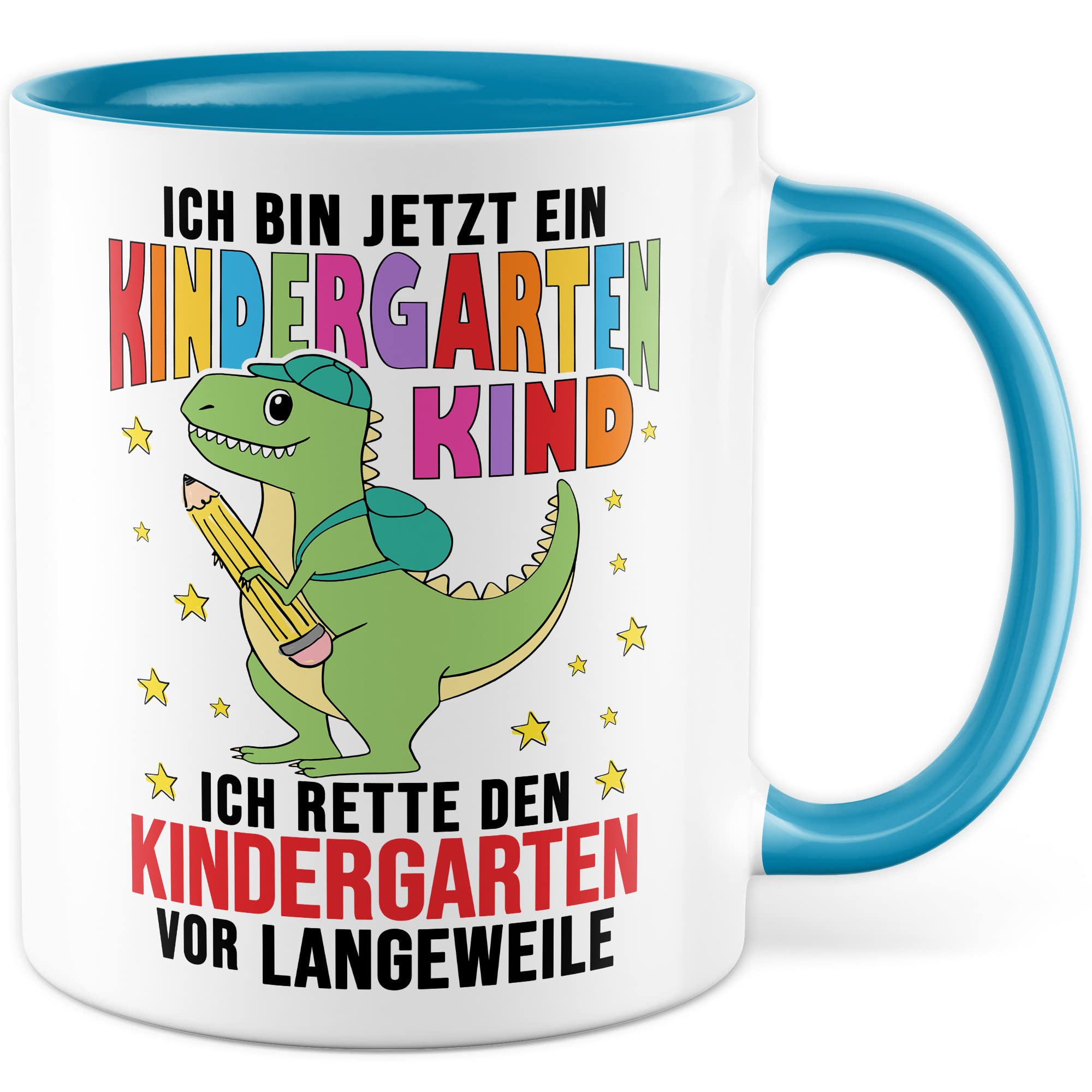 Tasse Kindergartenkind, Ich bin jetzt ein Kindergartenkind - ich rette den Kindergarten vor Langeweile Geschenkidee Kind Kaffeetasse mit Spruch lustig Kaffee-Becher Witztasse