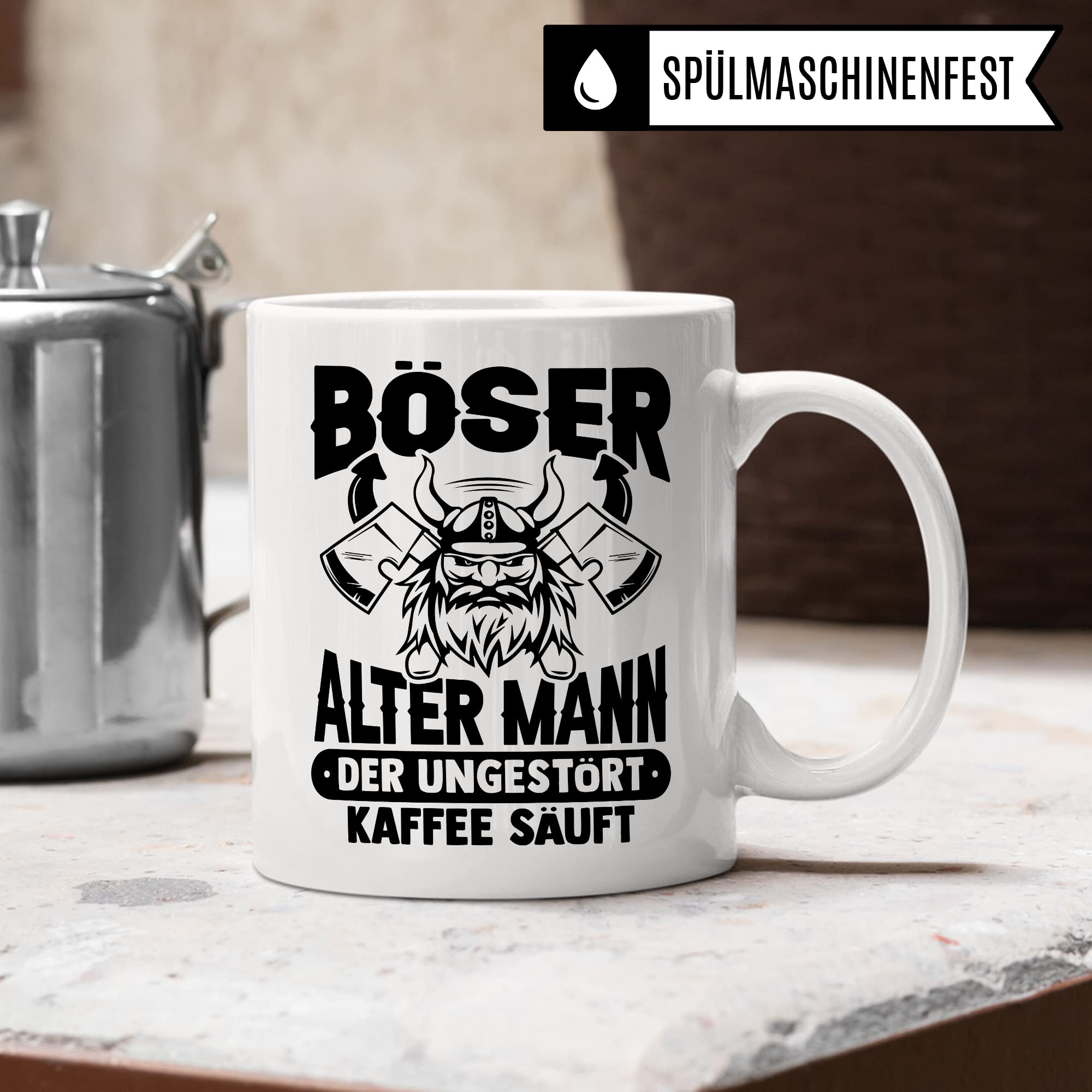 Tasse alter Mann, Böser alter Mann der ungestört Kaffee säuft Kaffee-Becher Geschenk Geschenkidee für alte Männer Papa Opa Kaffeetasse Wikinger-Motiv Tasse mit Spruch lustig