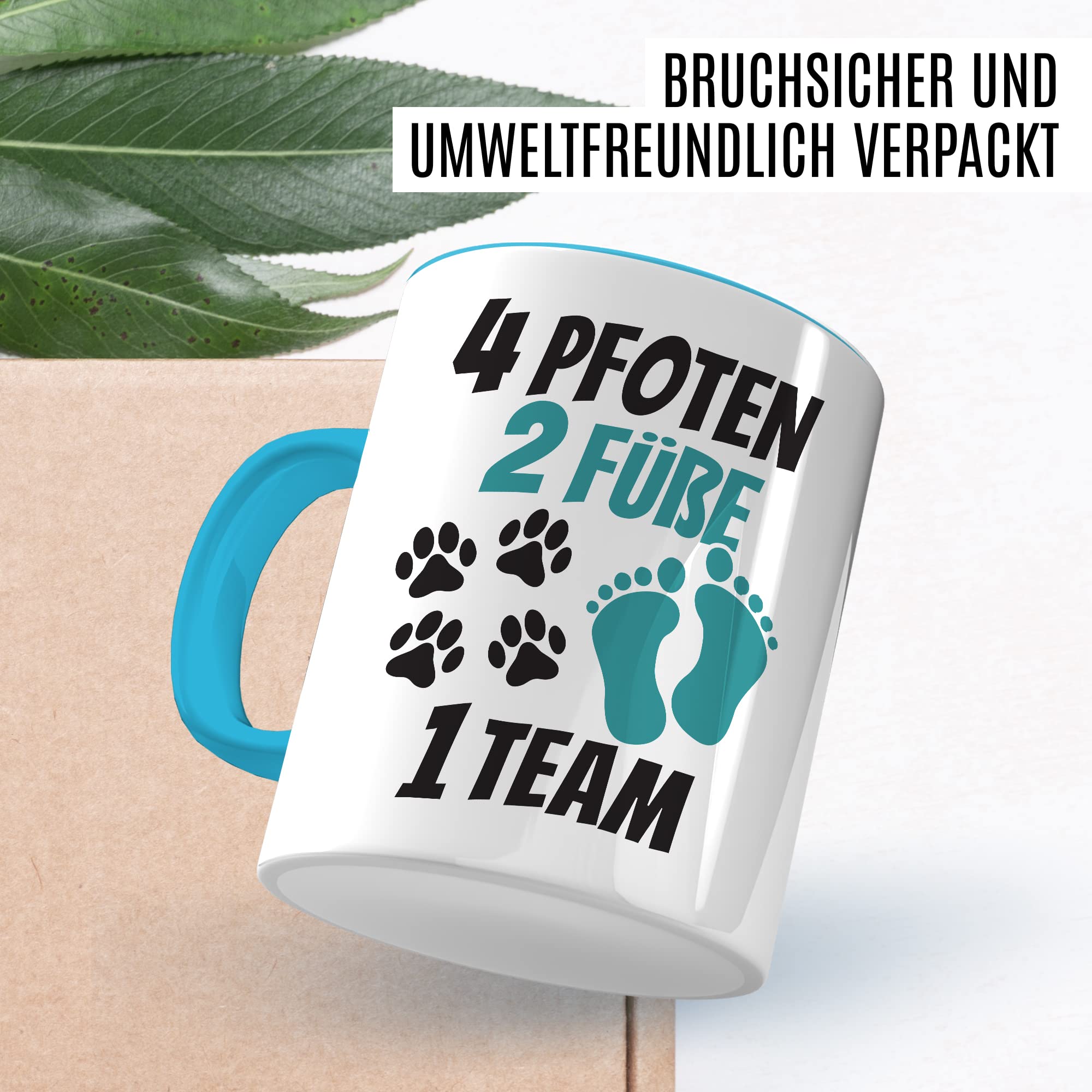 Tasse Hundebesitzer Geschenk, 4 Pfoten 2 Füße 1 Team Geschenkidee Kaffeetasse mit Spruch Hundehalter Hunde-Liebhaber Hund Kaffee-Becher Hand & Pfote Vierbeiner