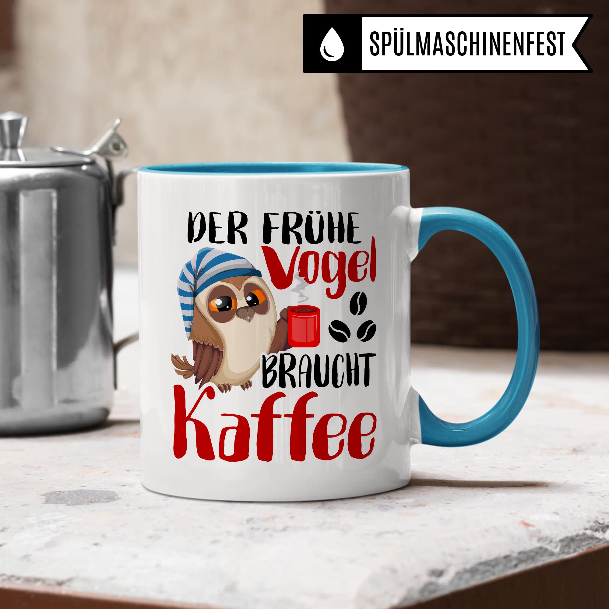 Früher Vogel Tasse lustig Kaffeetasse mit Spruch Kaffee-Becher Moorgenmuffel Humor Geschenk Geschenkidee Der frühe Vogel braucht Kaffee Witz Langschläfer Büro Tasse