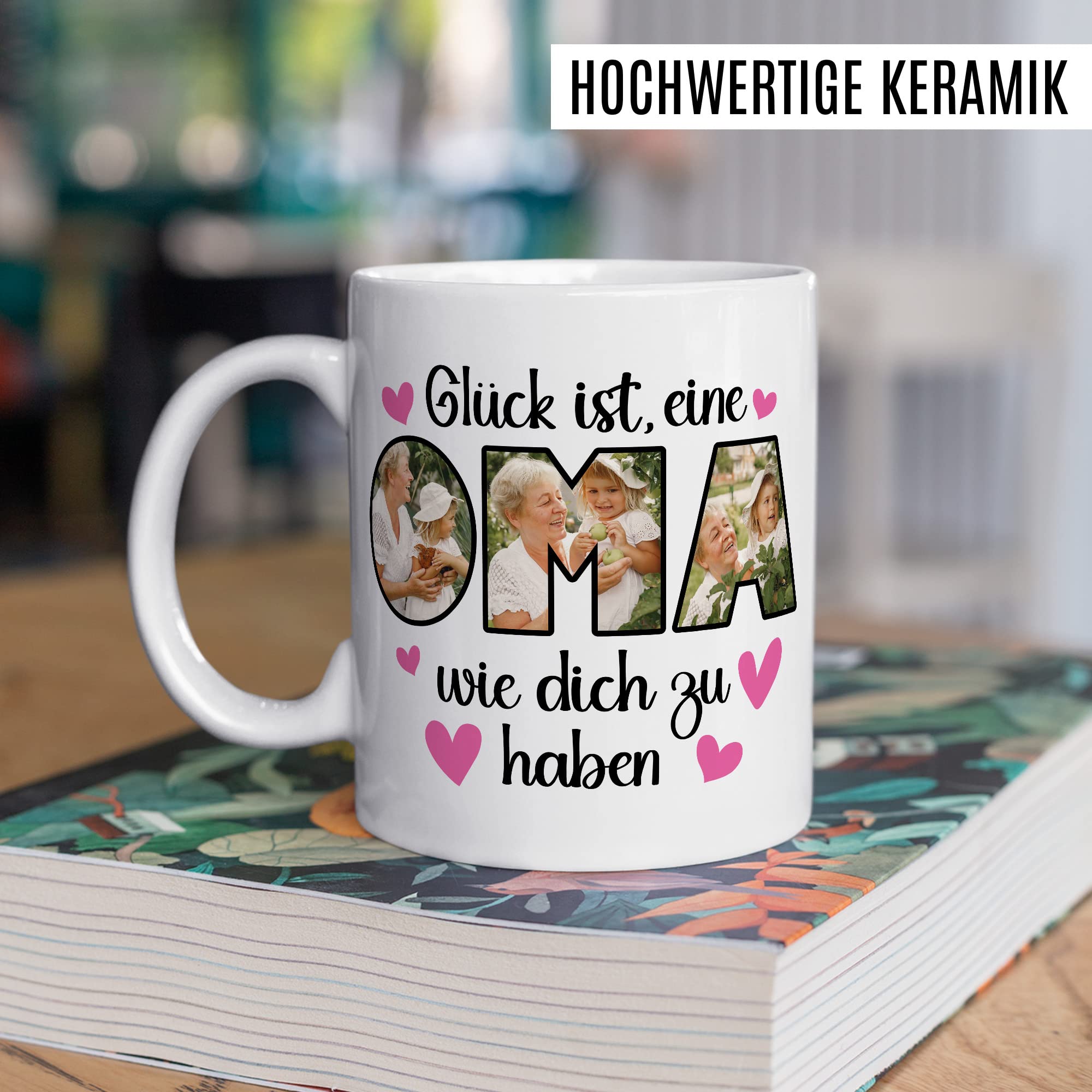 Oma Tasse personalisliert mit Bild, Glück ist eine Oma wie dich zu haben, Geschenk personalisierbar Großmutter Spruch Enkelkinder Geschenkidee Enkel Kaffeetasse