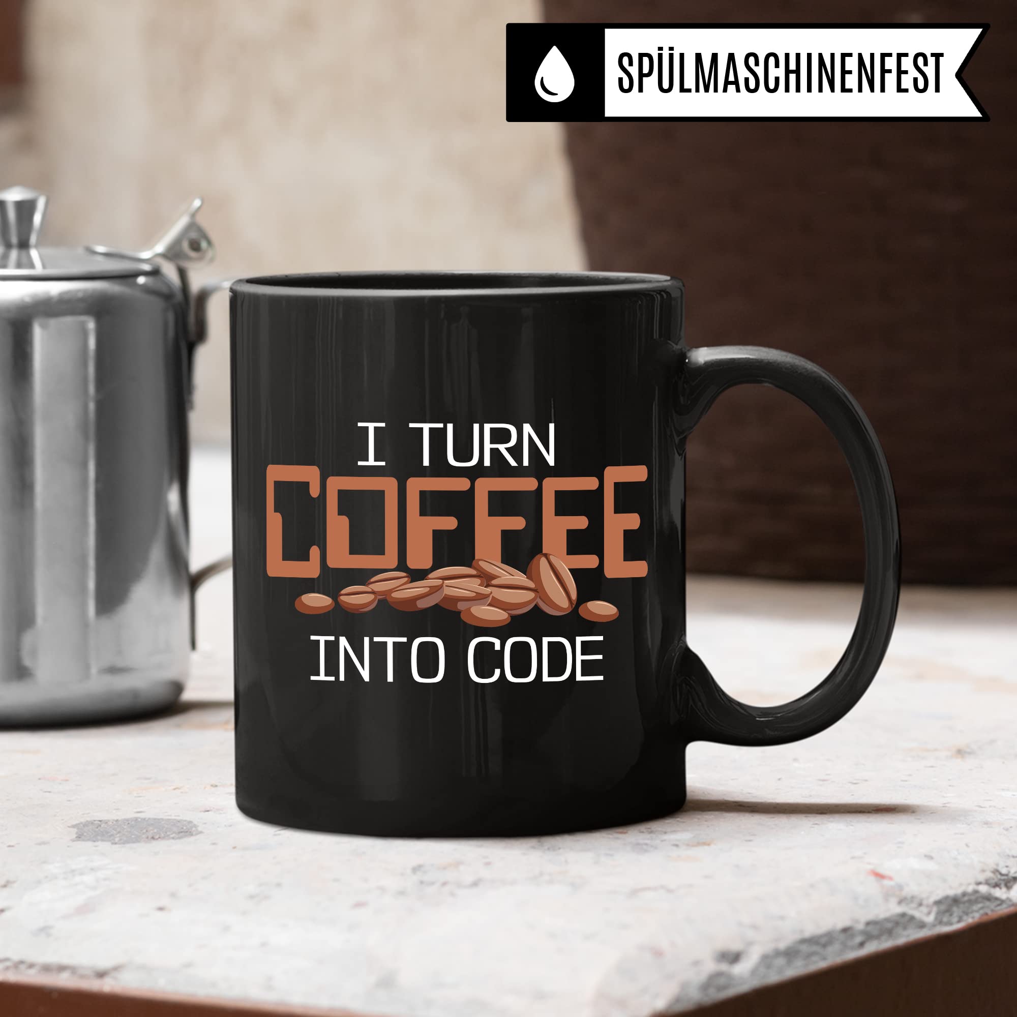 Informatik Geschenk Tasse, I turn Coffee into Code Geschenkidee für Informatiker Kaffee-Becher Informatikerin Programmieren Kaffeetasse mit Spruch lustig Coding