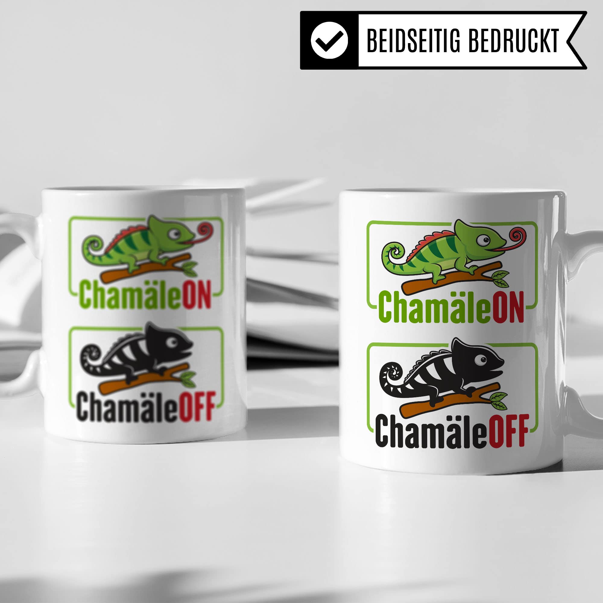 Tasse ChamäleON ChamäleOFF, Lustige Tasse mit Spruch und Tier Motiv, Büro lustig Sarkasmus Comic Witz Tiere Chamäleon Geschenk