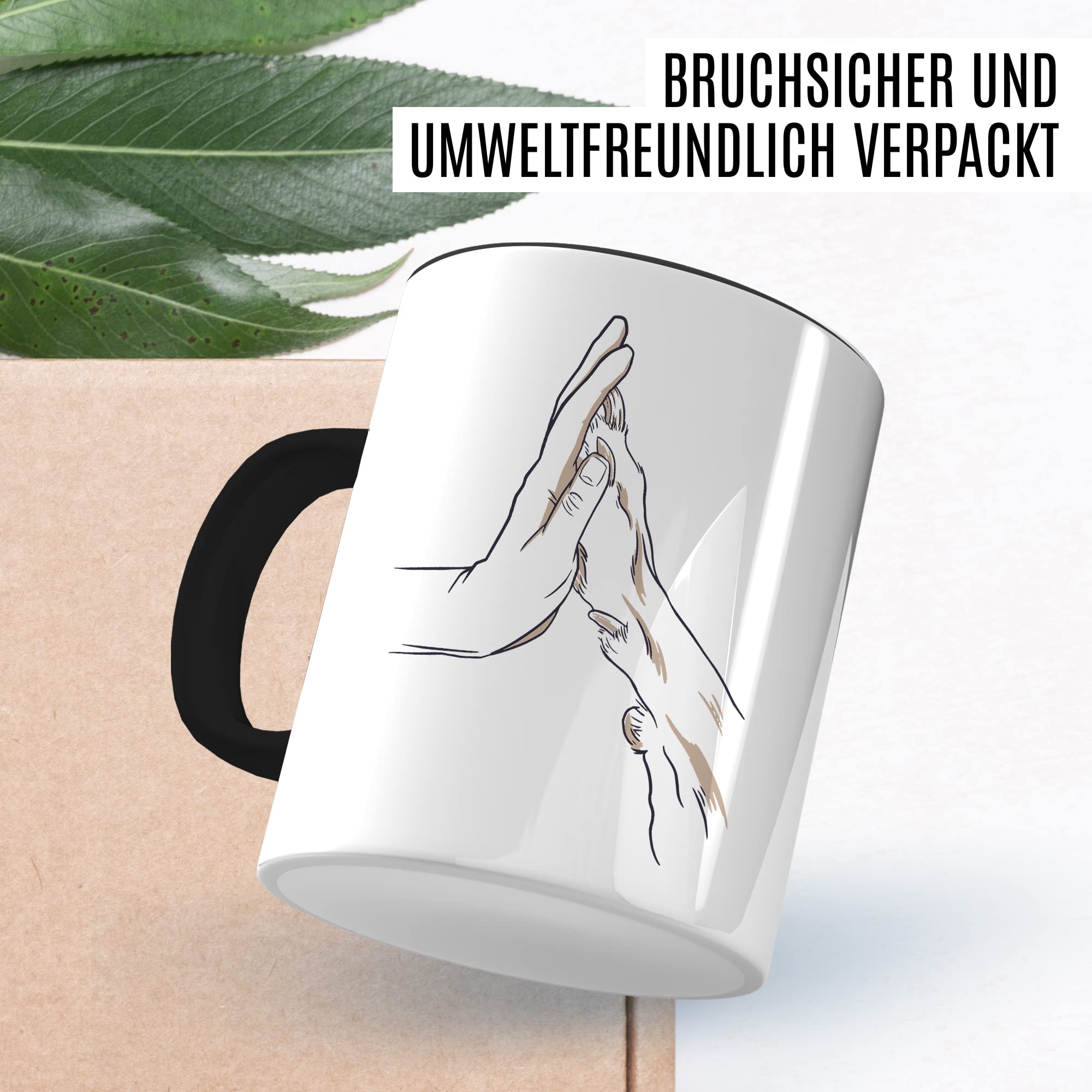 Tasse Hund & Mensch Geschenk Geschenkidee Herrchen Frauchen Hundemama Hundepapa Vierbeiner Comic Kaffeetasse mit Hundemotiv Kaffee-Becher Hund mit Mensch Teetasse Hand und Pfote