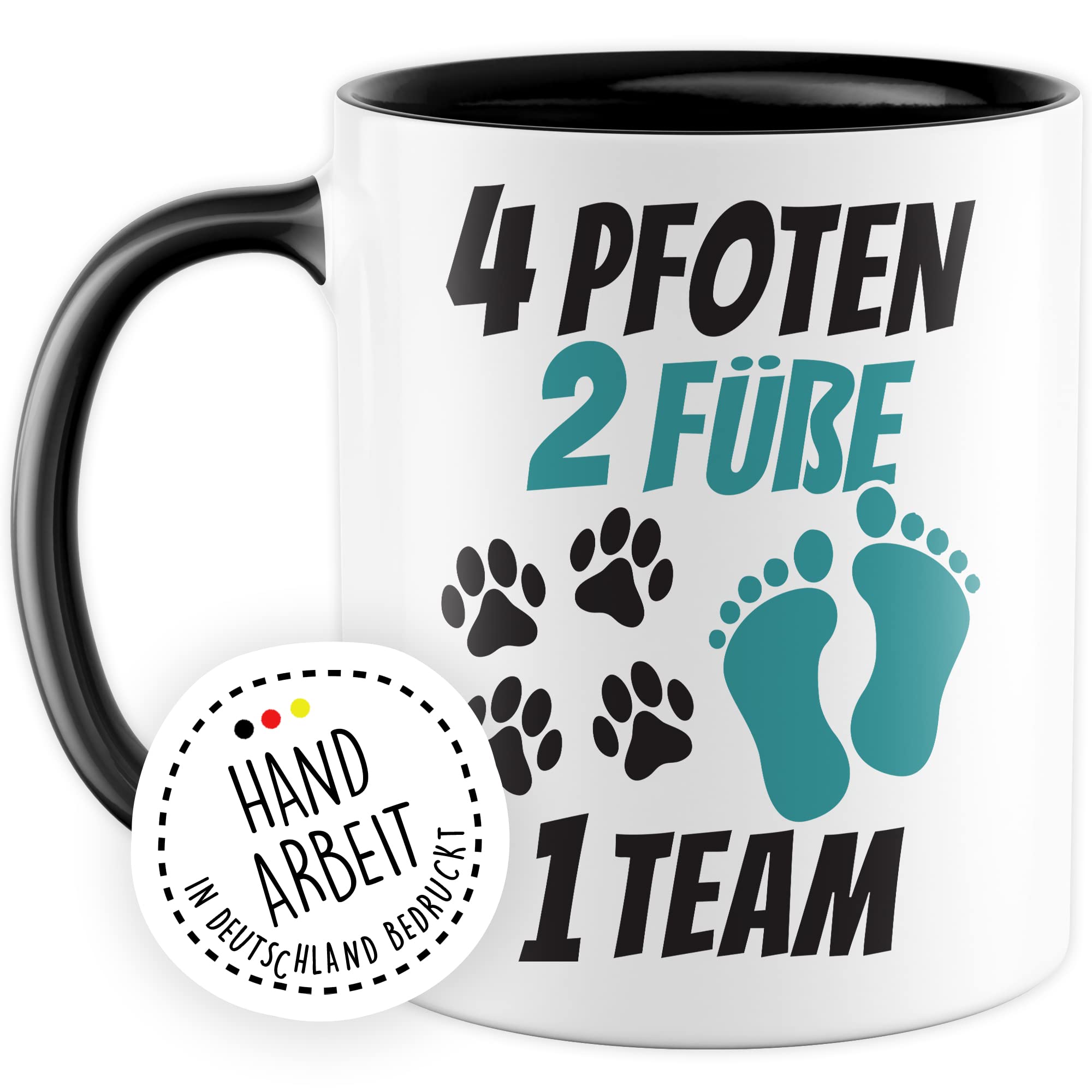 Tasse Hundebesitzer Geschenk, 4 Pfoten 2 Füße 1 Team Geschenkidee Kaffeetasse mit Spruch Hundehalter Hunde-Liebhaber Hund Kaffee-Becher Hand & Pfote Vierbeiner