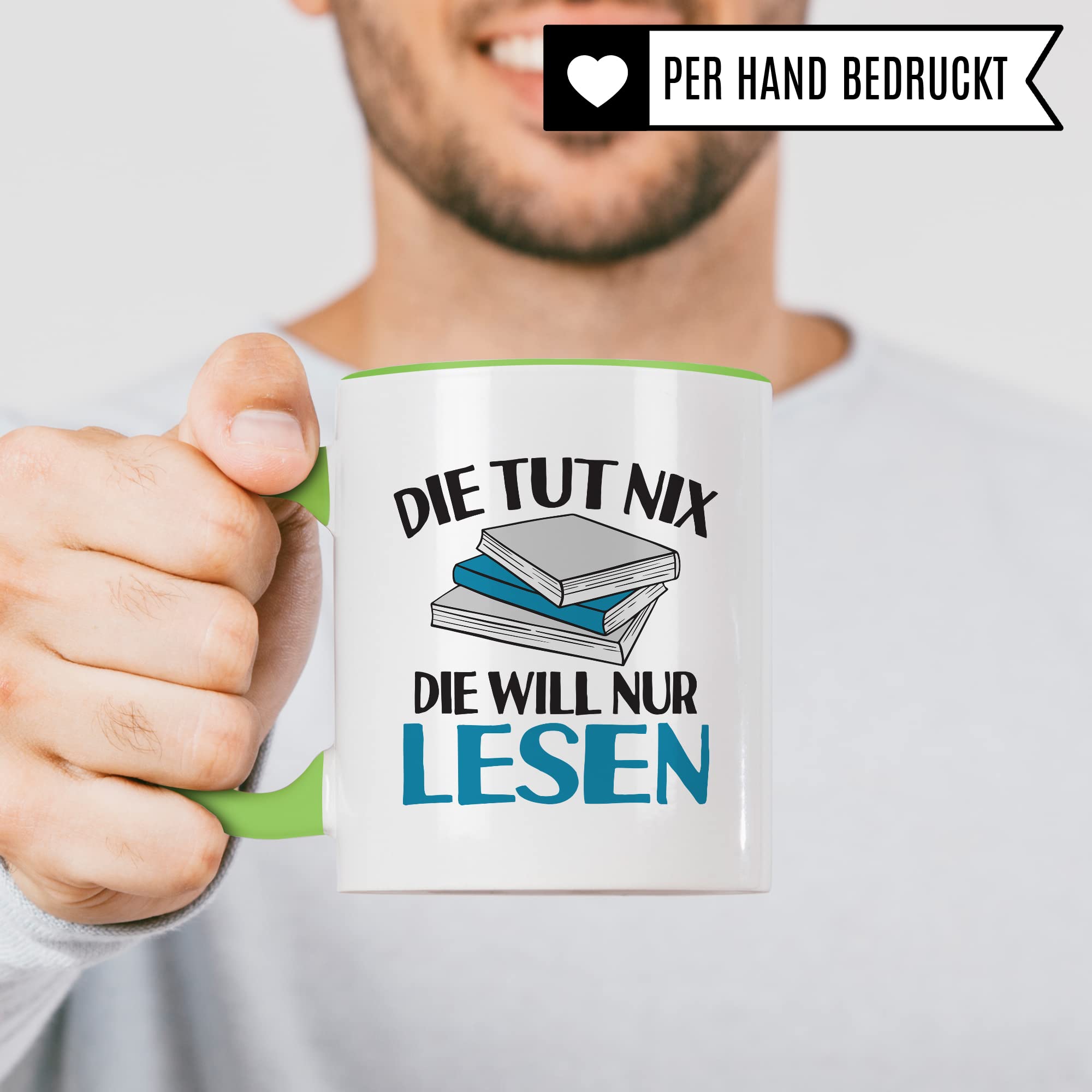 Lesen Tasse lustig Kaffeetasse mit Spruch Bücherwurm Geschenkidee Humor Kaffee-Becher Leseratte Geschenk Die tut nix Die will nur lesen Freundin Kollegin Buch Fan Geschenkartikel lustig Teetasse