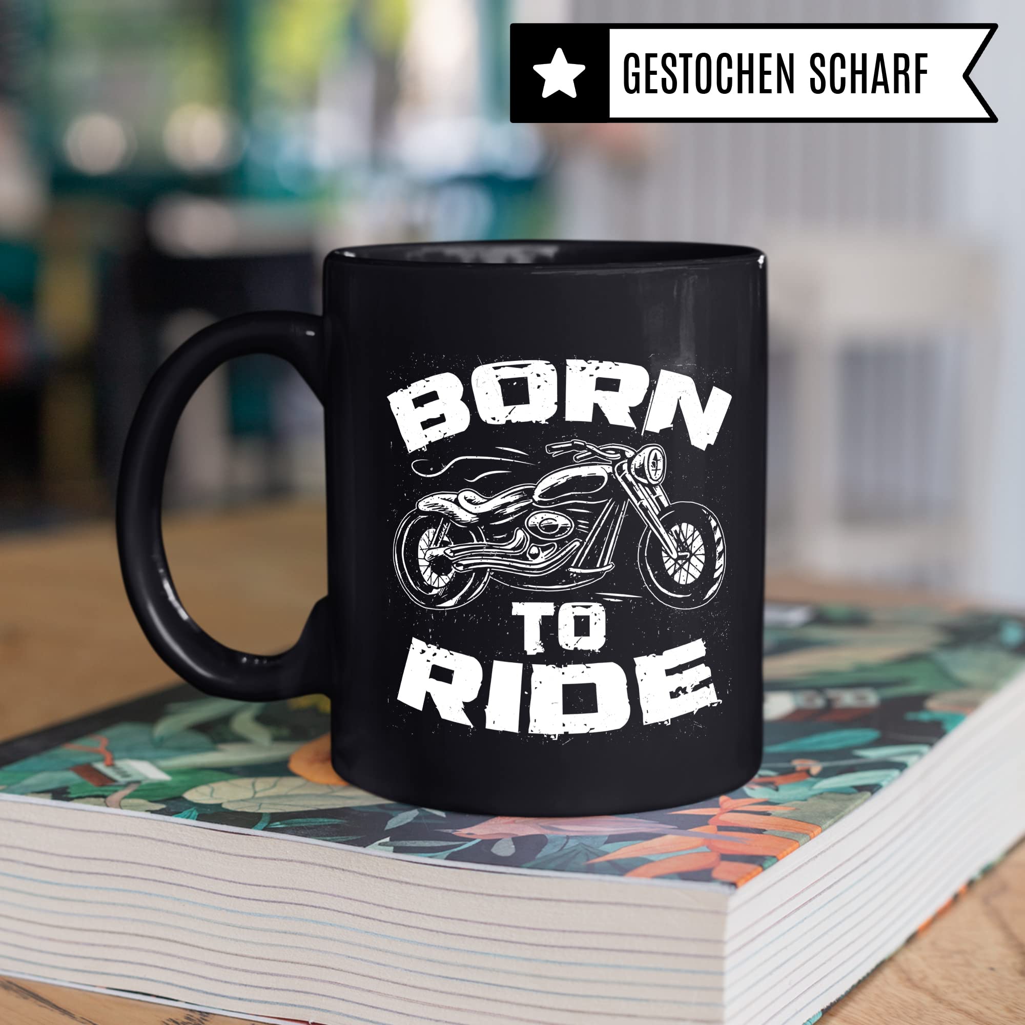 Tasse Motorrad, Born to Ride Biker Geschenk, Spruch lustig Motiv Geschenkidee Kaffeetasse Motorradfahrer Motorradfahrerin Frauen Männer Kaffeebecher