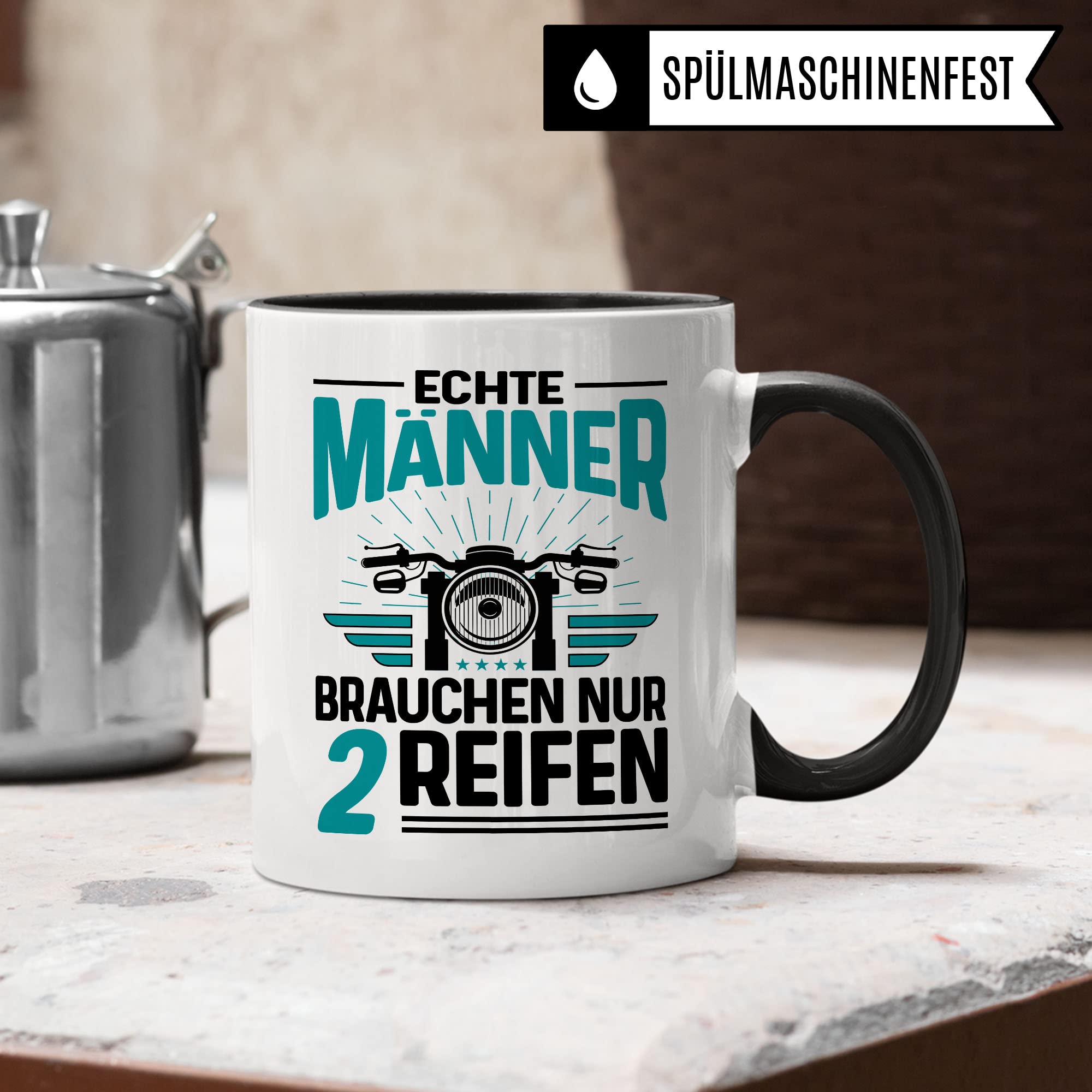 Tasse Motorrad Geschenk-Artikel , Echte Männer brauchen nur 2 Reifen Biker Spruch lustig Motiv Geschenkidee Kaffeetasse Motorradfahrer Männer Kaffee-Becher