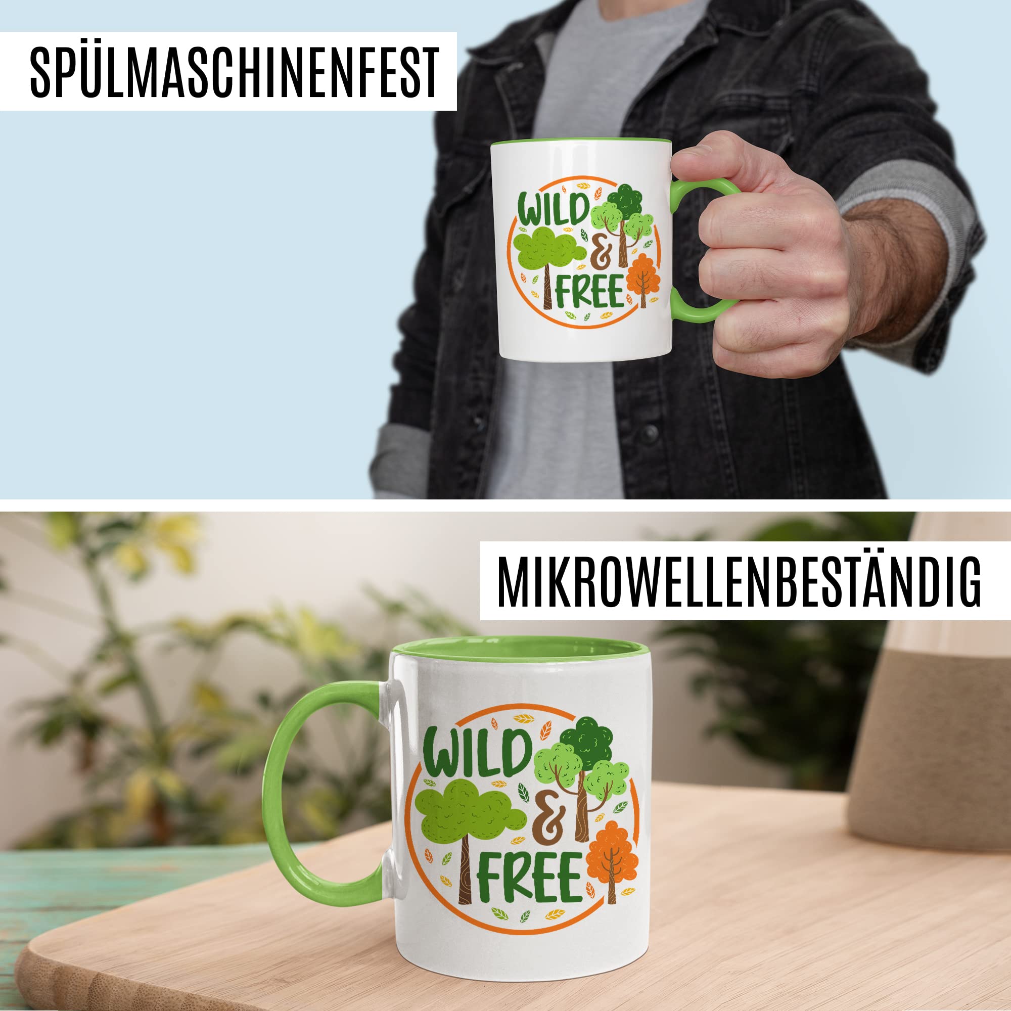 Wild & Free Becher Tasse Wohnmobil Wohnwagen Kaffeetasse Camping Geschenk Camper Kaffee-Becher Geschenkidee Outdoorfans Camperin Zelten Abenteuer Reisen Spruch Campingurlaub