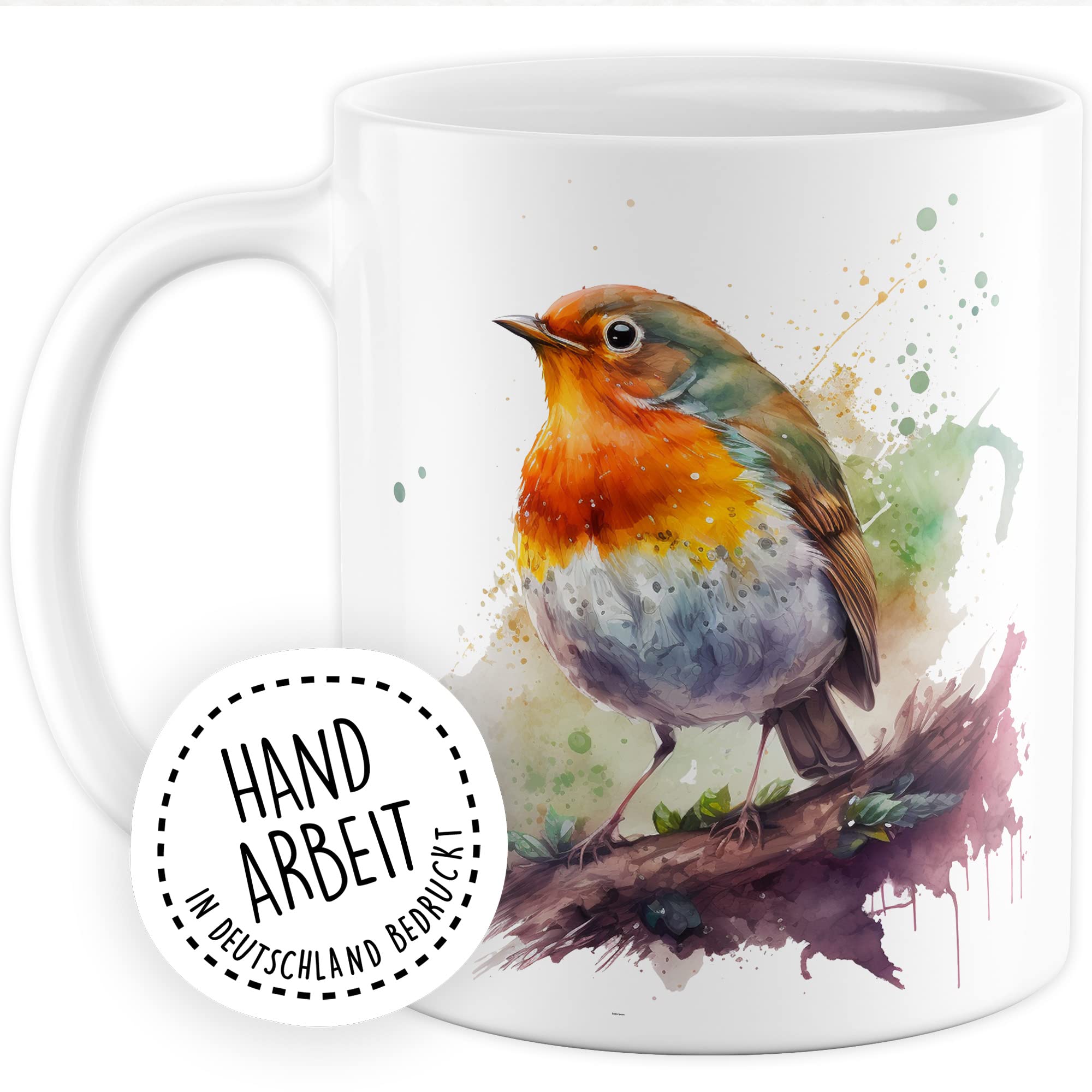 Rotkehlchen Tasse Wasserfarben Tier Geschenkidee Vogel Kaffeetasse Geschenk für Birdspotter Kaffeebecher Vögel Becher