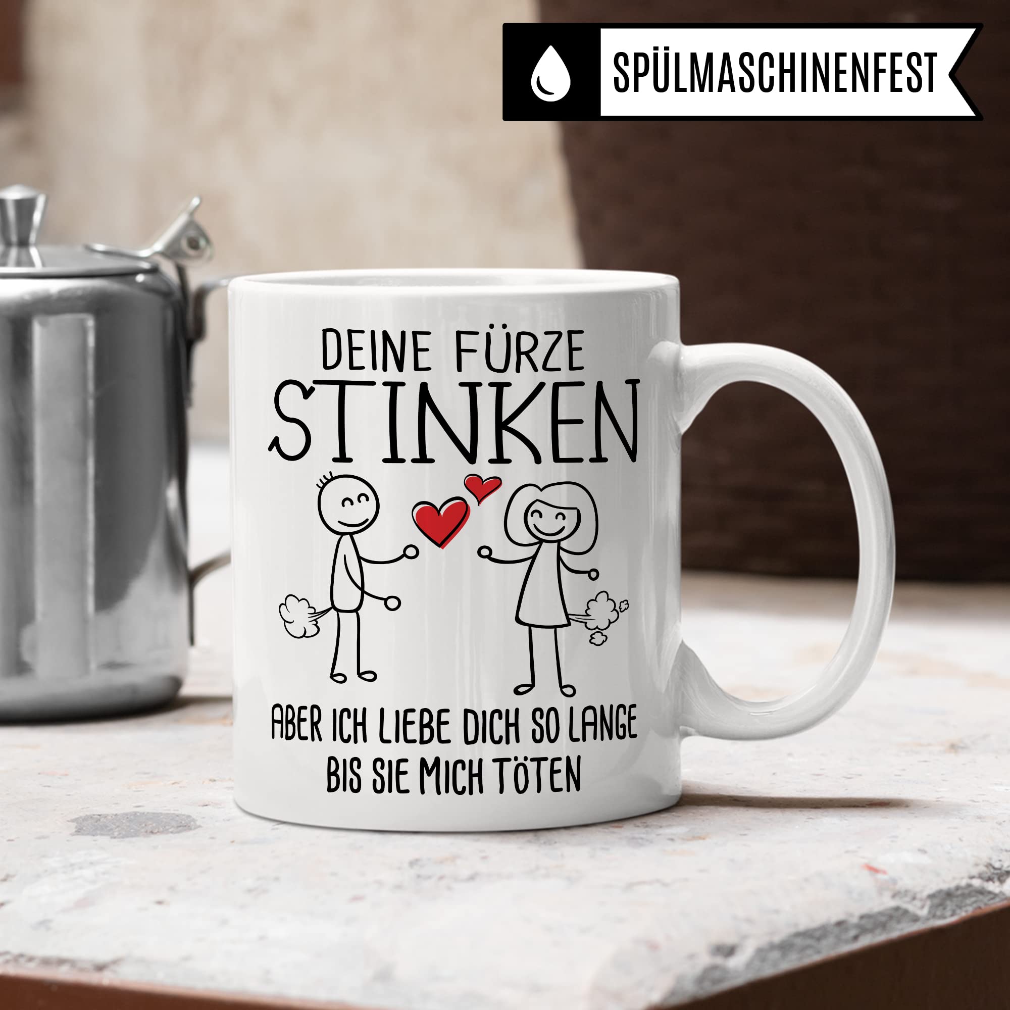 Tasse Fürze Geschenk, Deine Fürze stinken aber ich liebe dich solange bis sie mich töten Geschenkidee Ehemann Freund Partner Kaffee-Becher Kaffeetasse Tasse mit Spruch lustig