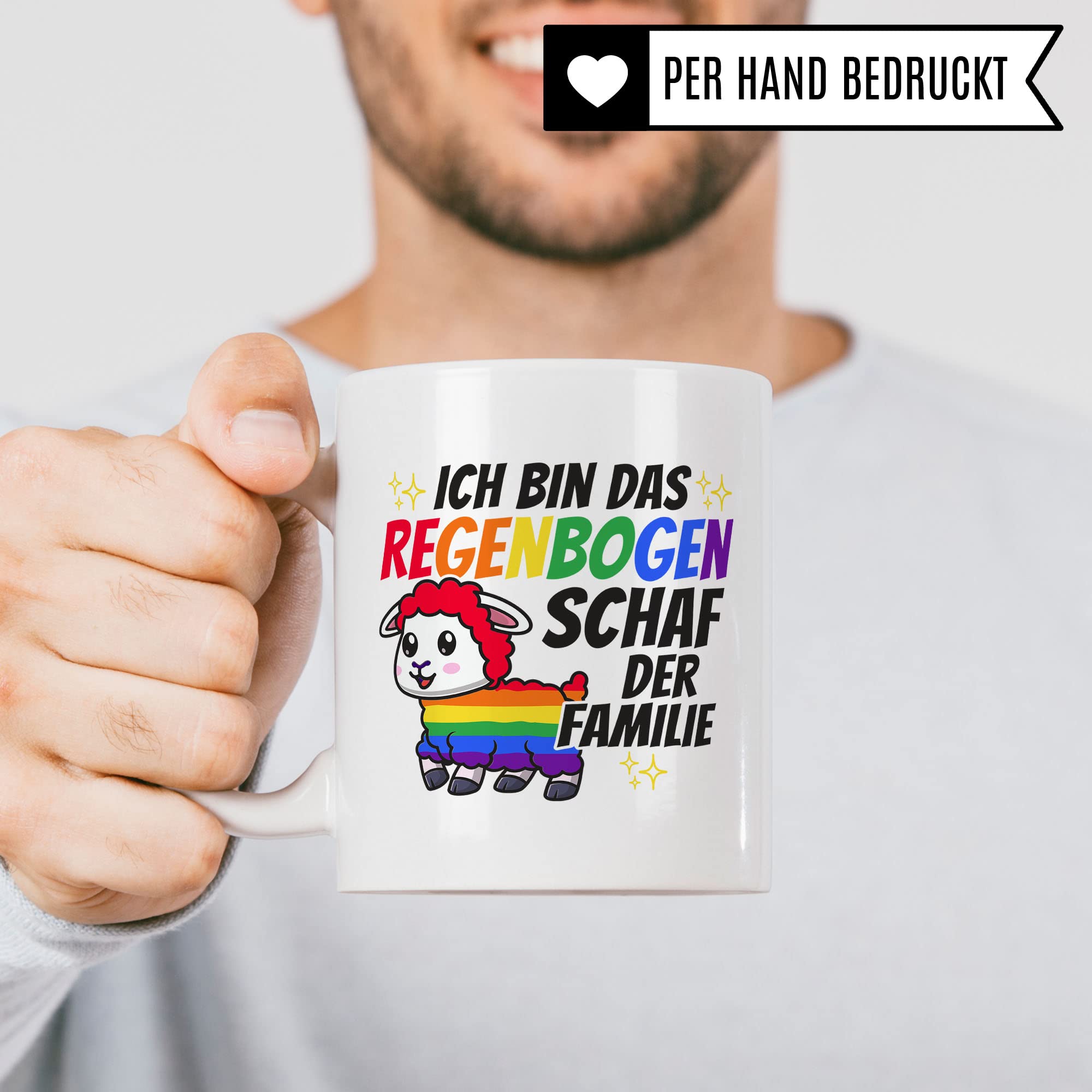 LGBTQI+ Tasse, Ich bin das Regenbogen Schaf der Familie, Gay Pride Geschenk Spruch lustig Motiv Geschenkidee Kaffeetasse outing LGBT queer schwul lesbisch Spruch