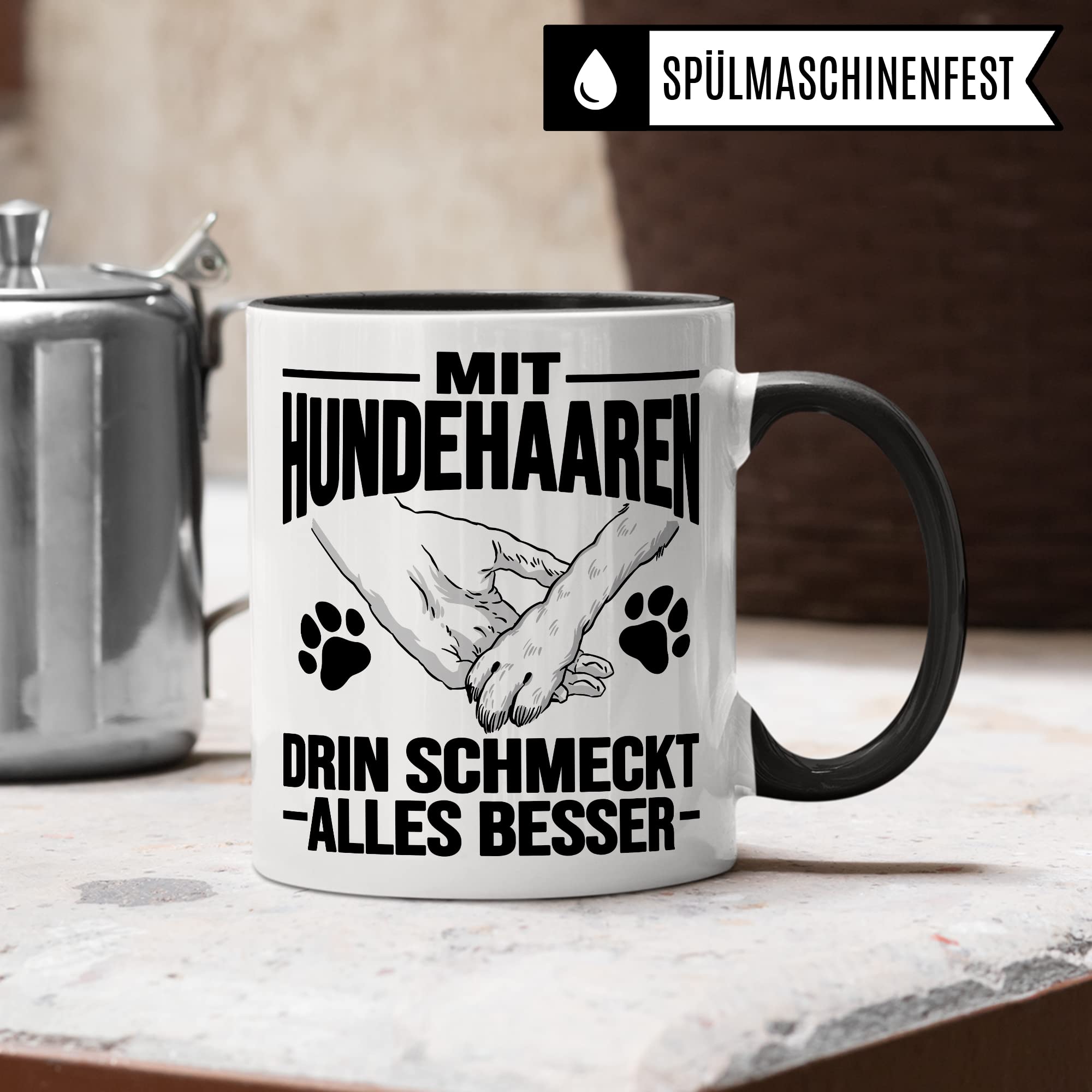 Hunde Tasse Geschenk, Mit Hundehaaren drin schmeckt alles besser Geschenkidee Hundebesitzer Kaffee-Becher Kaffeetasse Teetasse Hundehalter Hund Tasse mit Spruch lustig