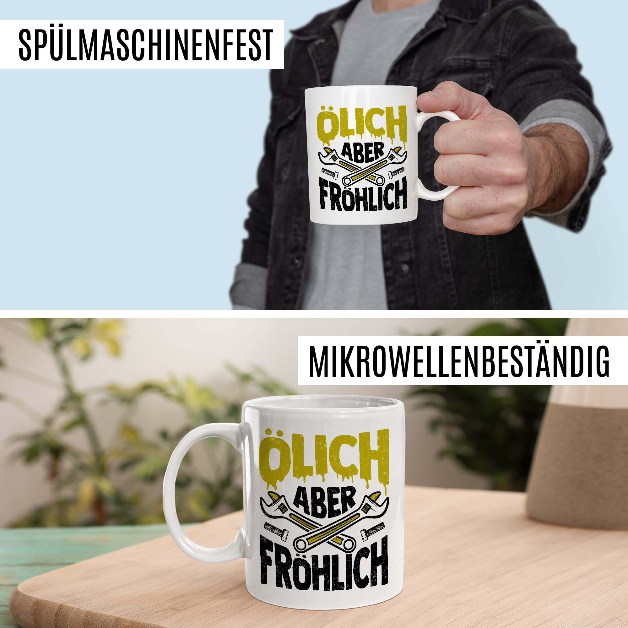 Tasse Mechatroniker Geschenk, Ölich aber Fröhlich Geschenkidee KFZ-Mechatroniker Kaffee-Becher Kaffeetasse Tasse mit Spruch lustig Mechaniker Schrauber Teetasse