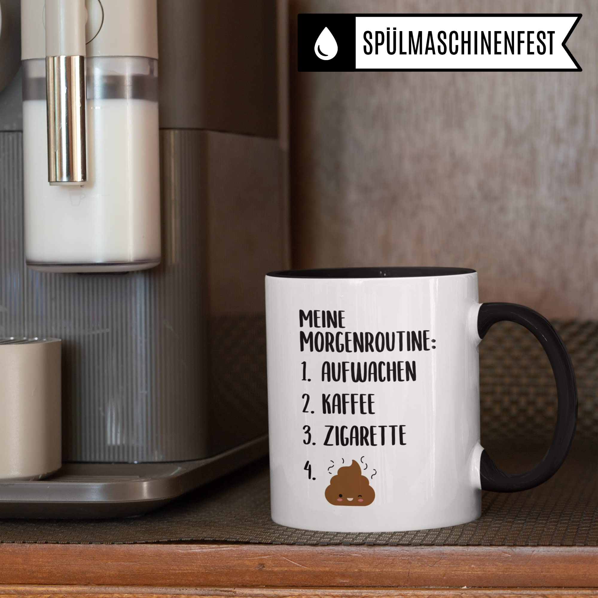 Kaffee Zigarette Tasse mit Spruch lustig, Morgenroutine Kippe Kacken Spaß Becher Männer und Frauen, Rauchen Kaffeetrinker Witz für Raucher Raucherin Motiv