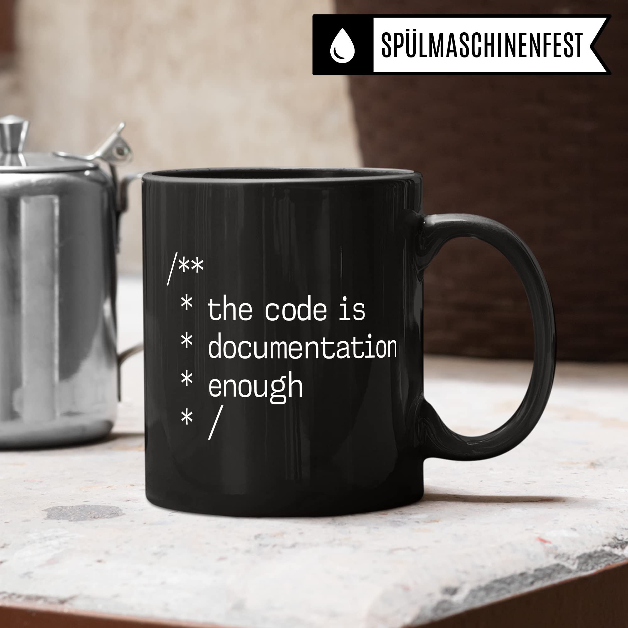 Informatik Geschenk Tasse, The Code is Documentation enough Geschenkidee für Informatiker Kaffee-Becher Informatikerin Programmierer Kaffeetasse mit Spruch lustig Code