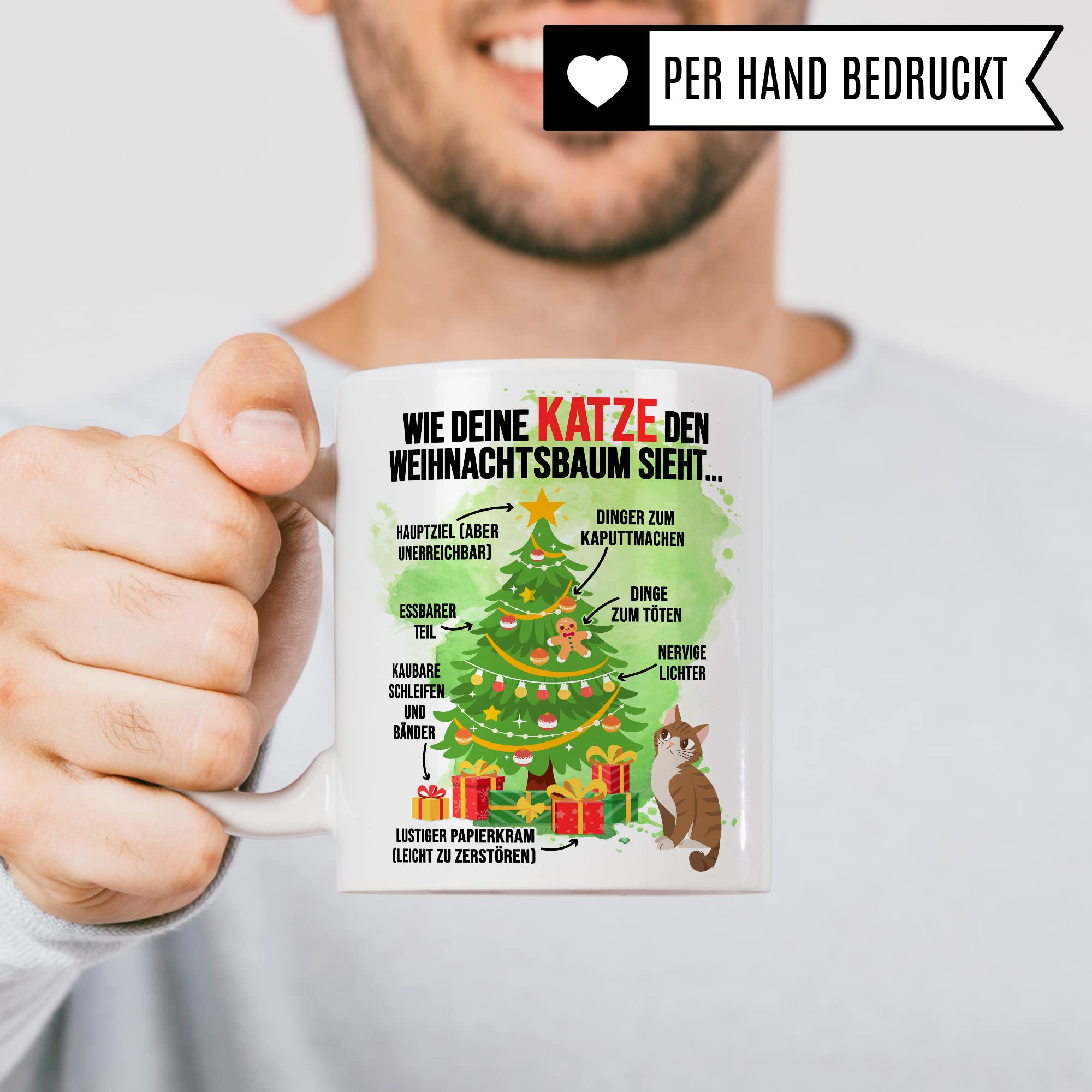 Katzen Tasse Weihnachten Kaffeetasse lustig Weihnachtsbaum Kaffee-Becher Katzenliebhaber Geschenkidee Vierbeiner Katzenhalter Geschenk Tasse mit Spruch Humor Sarkasmus Glühweintasse