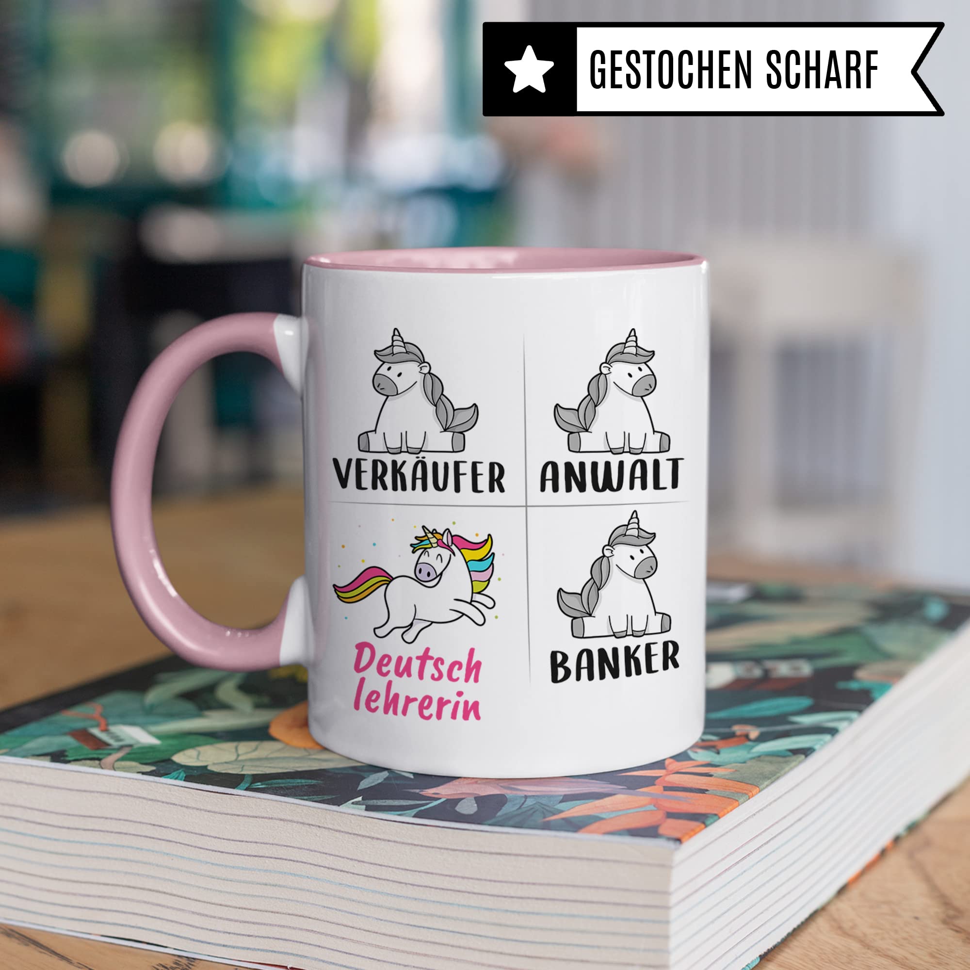 Tasse Deutschlehrerin lustig, Deutschlehrerin Geschenk, Spruch Deutsch Lehrerin Kaffeebecher Geschenkidee, Kaffeetasse Beruf Lehramt Einhorn Frauen Teetasse Becher