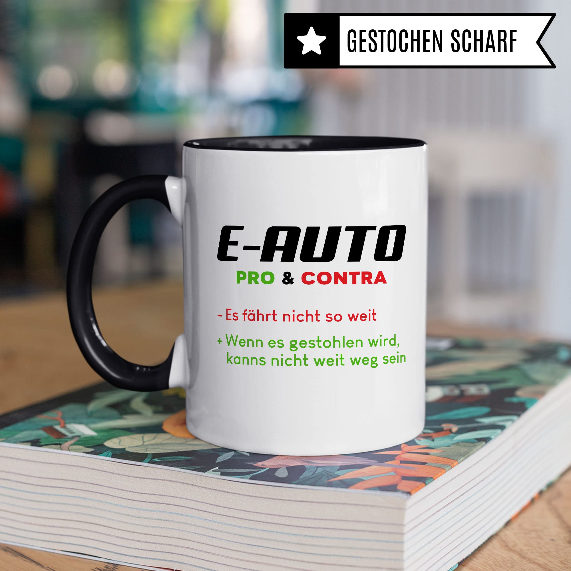 E-Auto Tasse Geschenkidee Kaffeetasse Humor Witz Geschenk für Elektroauto Fahrer Kaffeebecher Elektro Becher