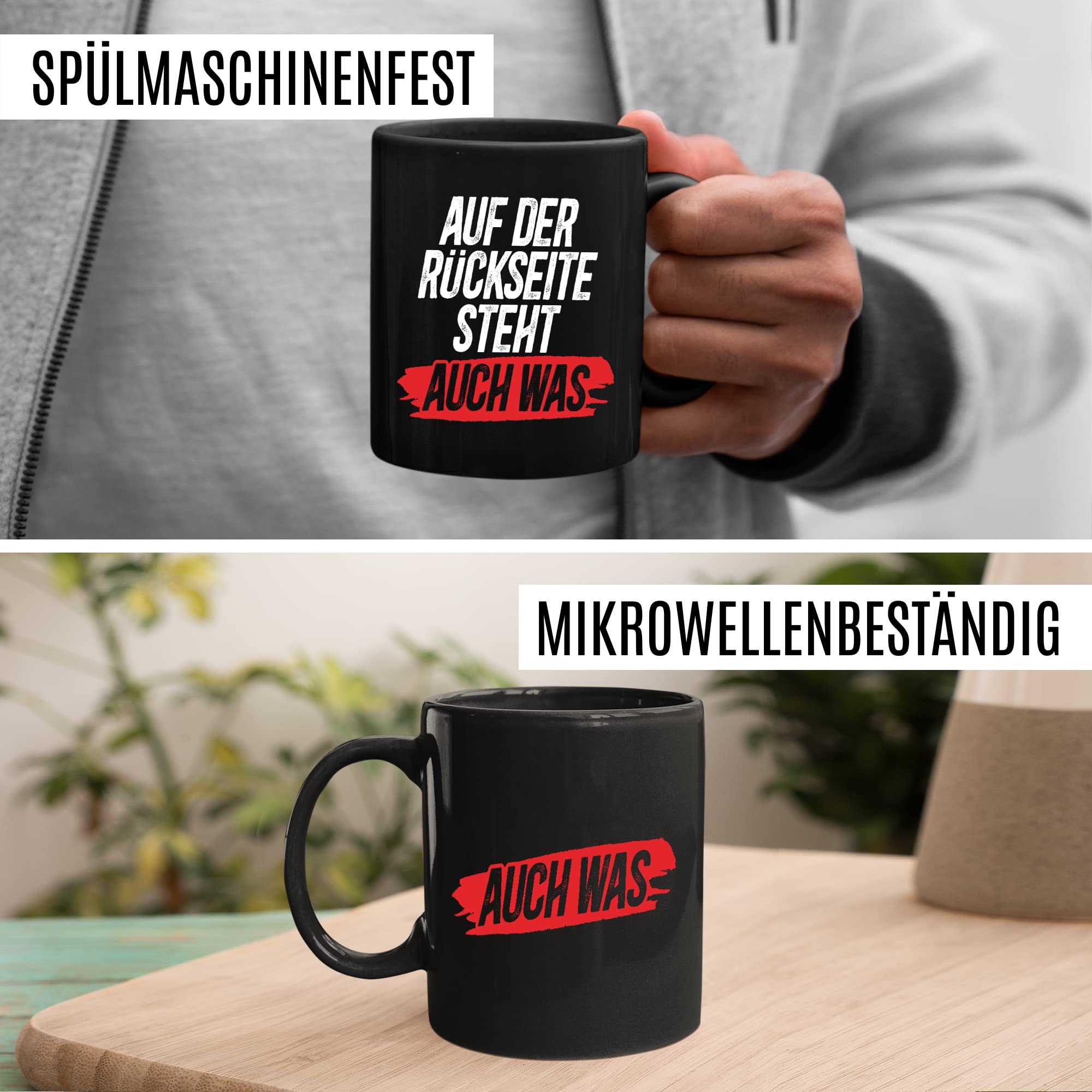 Tasse Spruch lustig, Auf der Rückseite steht auch was Tasse mit Spruch lustig Geschenk Geschnekidee Kaffee-Becher Kaffeetasse Humor Flachwitz Schenkelklopfer witzig