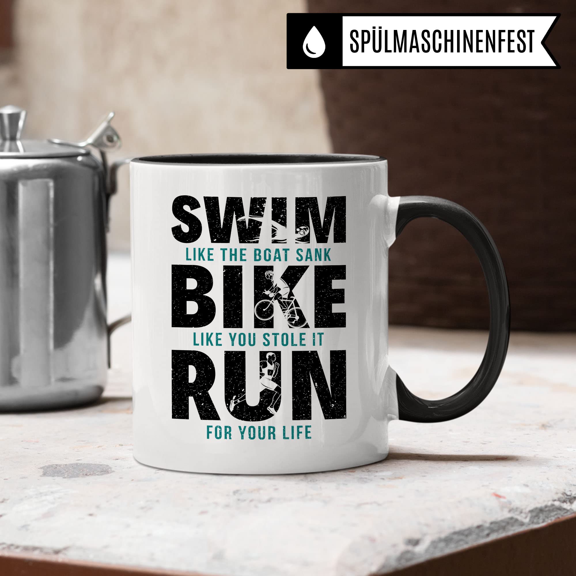 Triathlon Tasse Geschenkidee Swim Bike Run Kaffeetasse Humor Witz Geschenk für Triathleten Kaffeebecher Sportler Becher