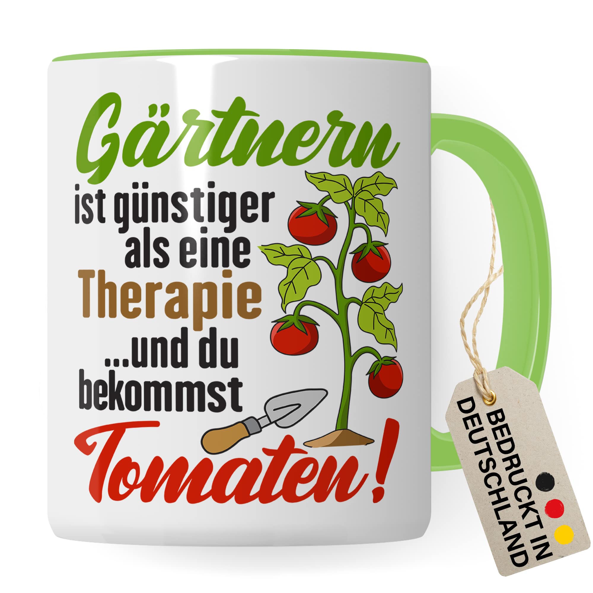 Garten Tasse, Gärtnern ist günstiger als eine Therapie - ...und du bekommst Tomaten!, Geschenk Gartenliebhaber Garten-Motiv Kaffeebecher Hobby-Gärtner Hobby-Gärtnerin, Tomaten-Pflanzen-Motiv Kaffeetasse