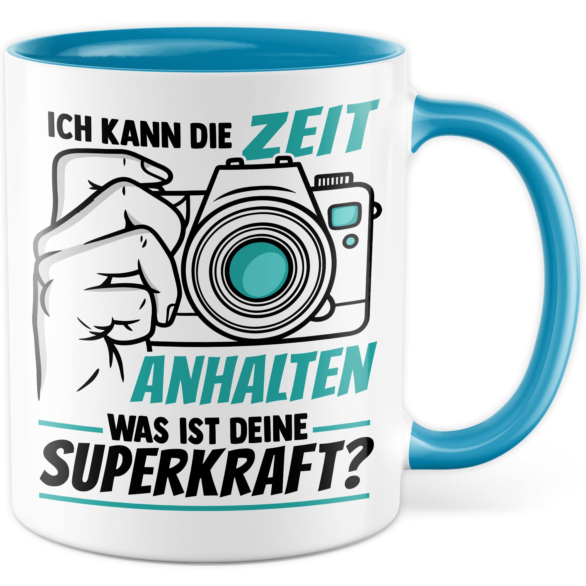 Tasse Kameramann Geschenk, Ich kann die Zeit einhalten - Und was ist deine Superkraft Geschenkidee Fotograf Kaffee-Becher Kaffeetasse mit Spruch lustig Kamera fotografieren