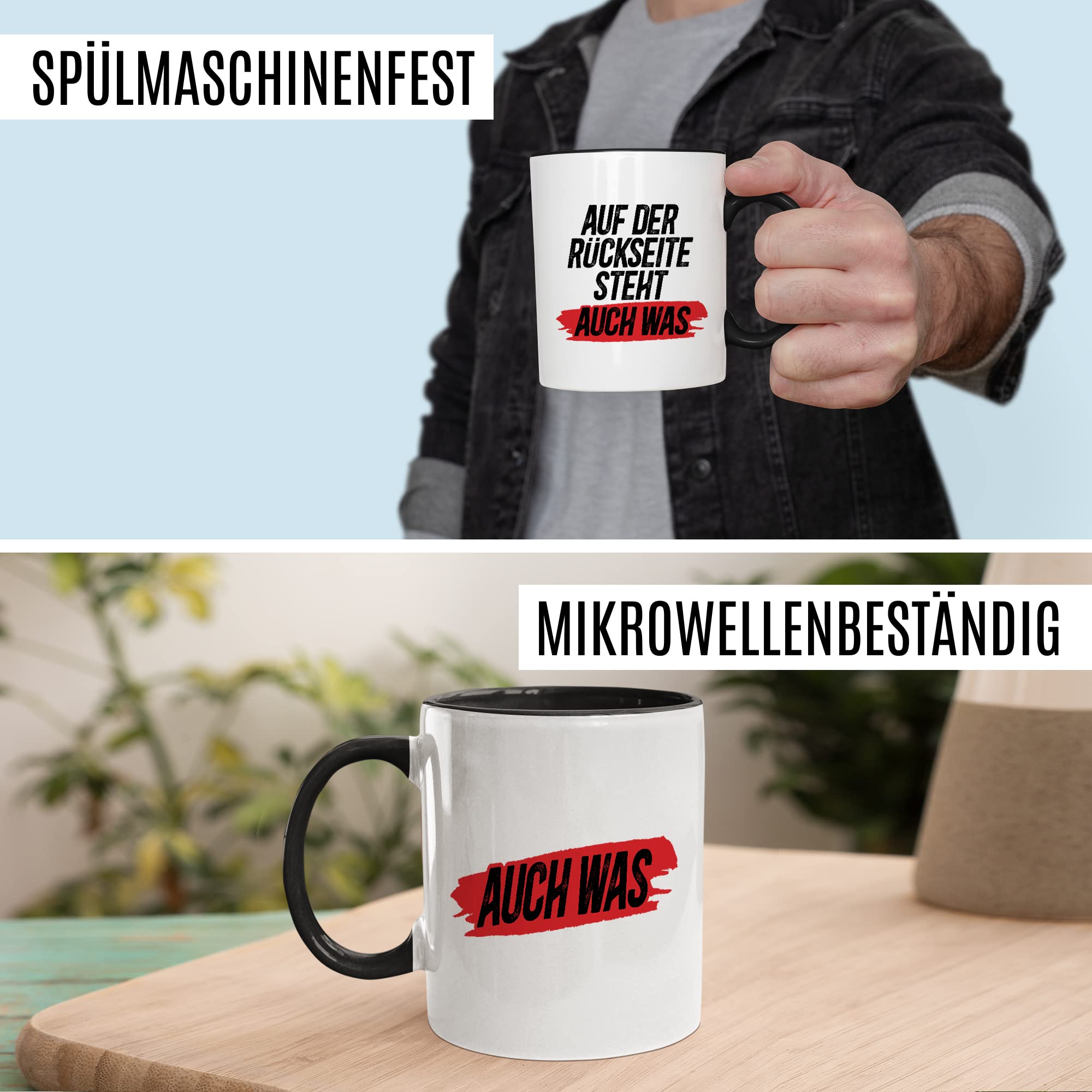Tasse Spruch lustig, Auf der Rückseite steht auch was Tasse mit Spruch lustig Geschenk Geschnekidee Kaffee-Becher Kaffeetasse Humor Flachwitz Schenkelklopfer witzig