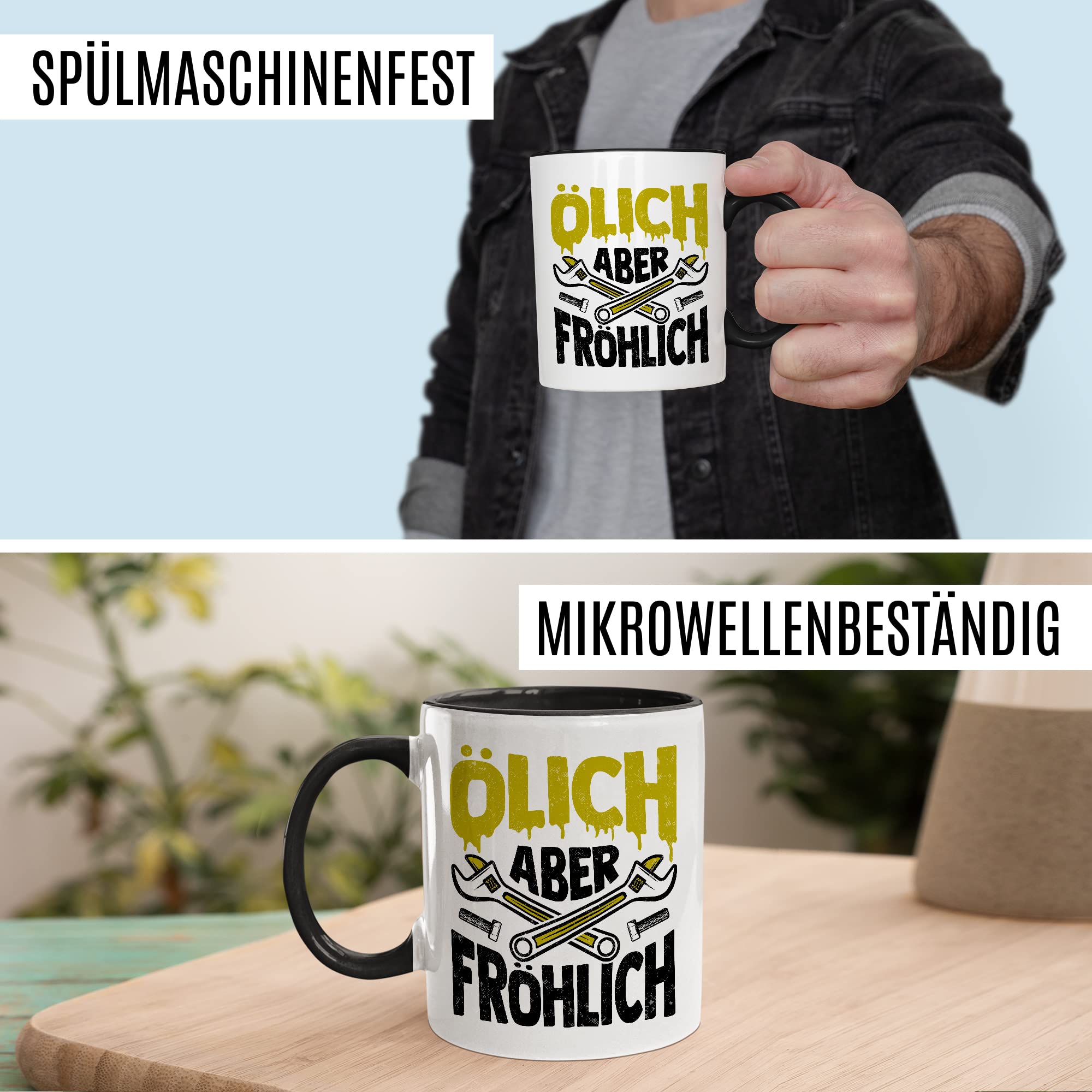 Tasse Mechatroniker Geschenk, Ölich aber Fröhlich Geschenkidee KFZ-Mechatroniker Kaffee-Becher Kaffeetasse Tasse mit Spruch lustig Mechaniker Schrauber Teetasse