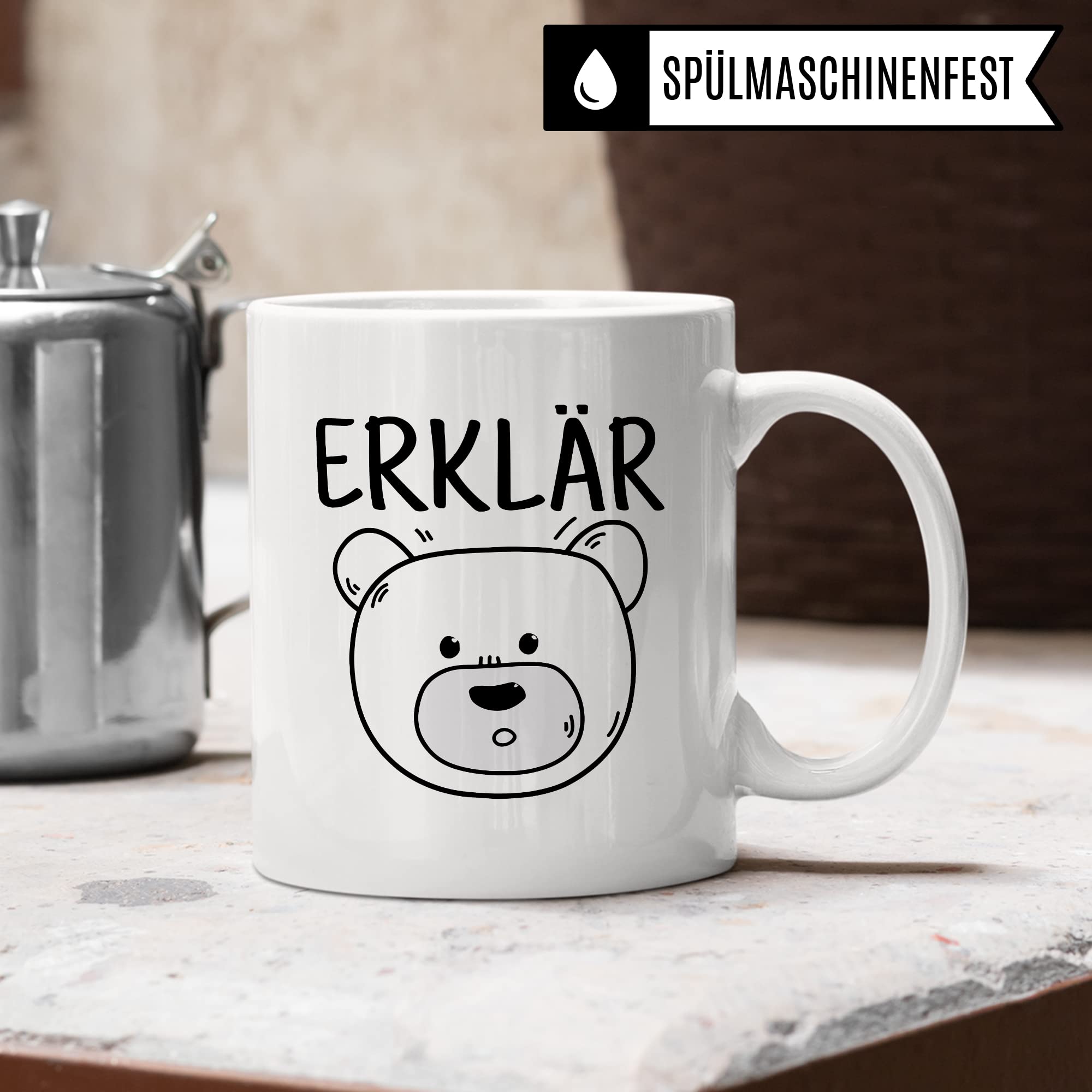 Tasse Erklärbär Geschenk Tasse mit Wortspiel Geschenkidee Kaffeetasse Tasse mit Spruch lustig Bären-Motiv Kaffee-Becher Teetasse Witztasse Humor Witz Deutschlehrer Germanistik