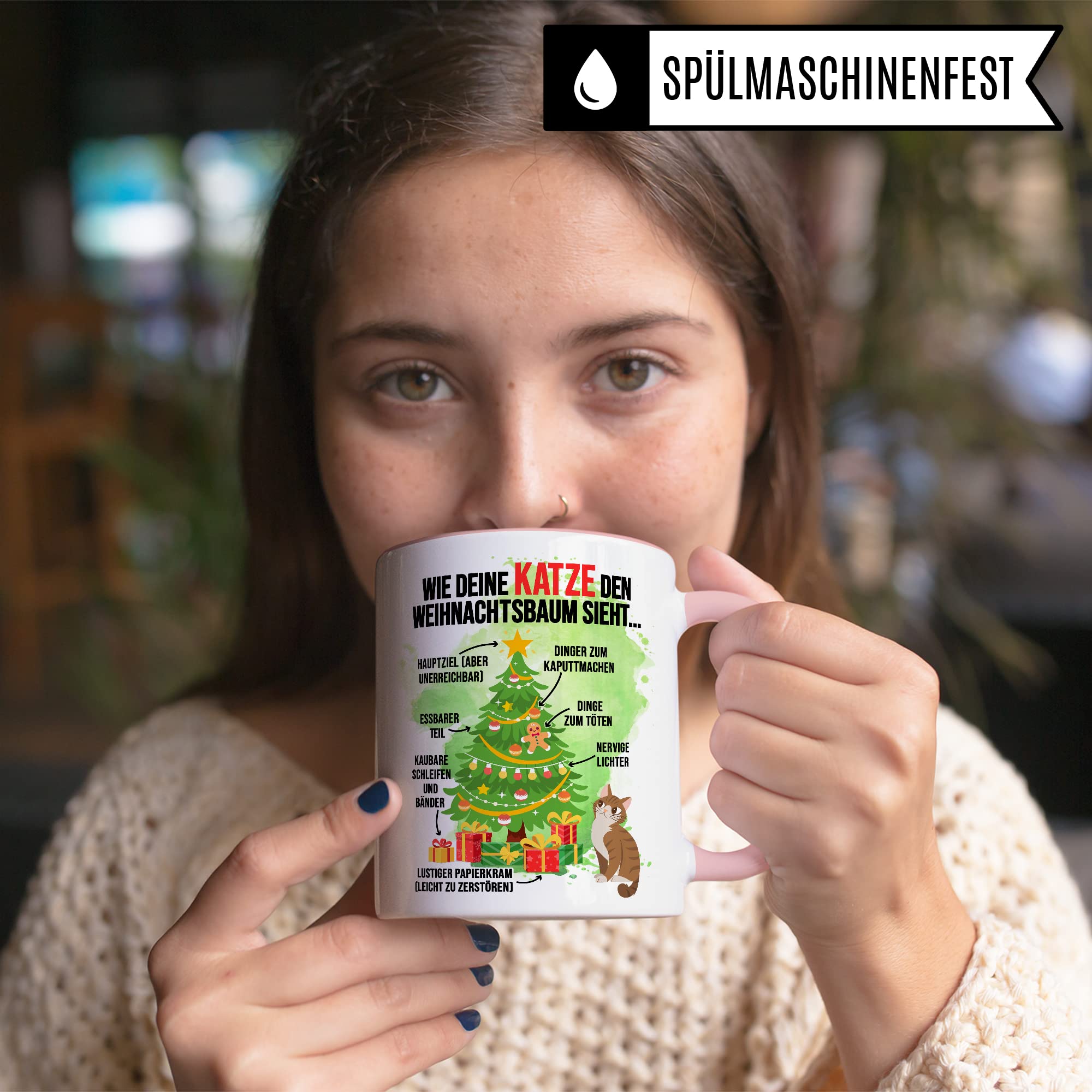 Katzen Tasse Weihnachten Kaffeetasse lustig Weihnachtsbaum Kaffee-Becher Katzenliebhaber Geschenkidee Vierbeiner Katzenhalter Geschenk Tasse mit Spruch Humor Sarkasmus Glühweintasse