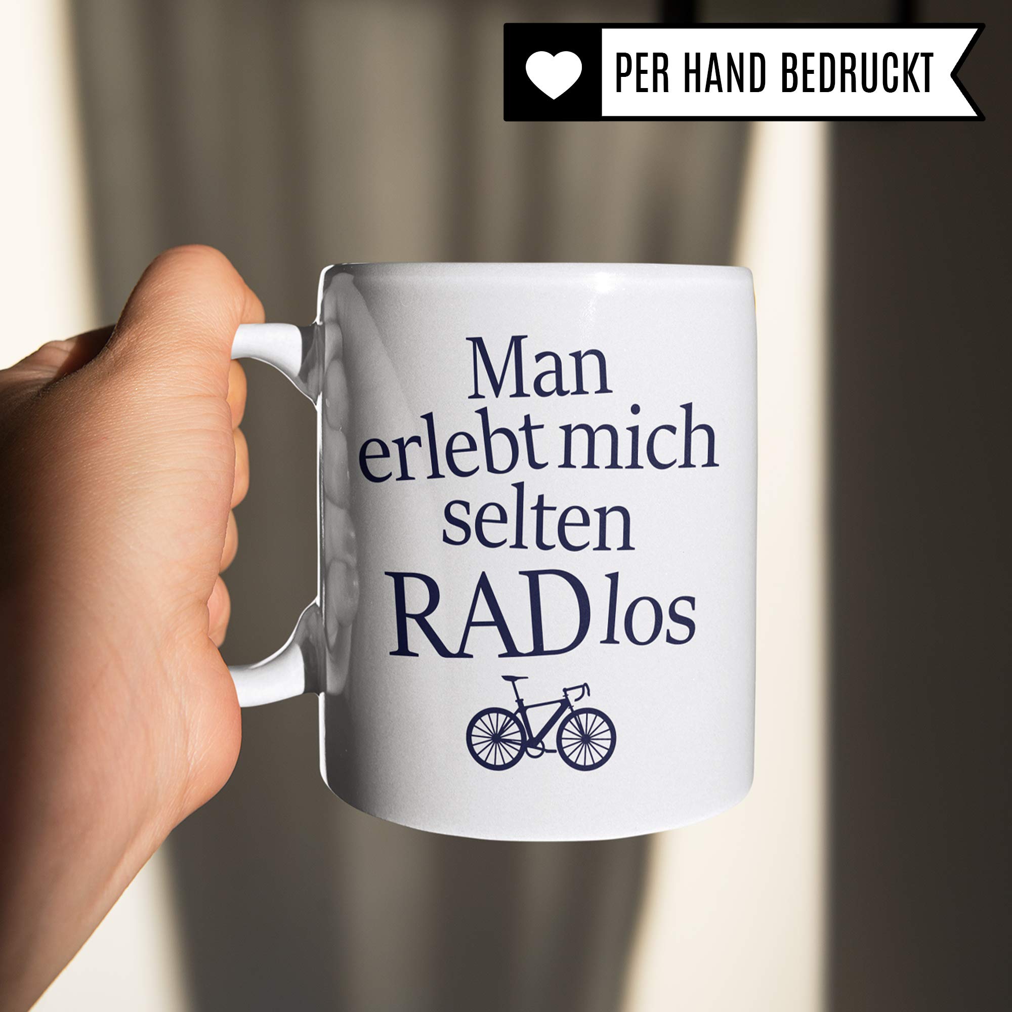 Fahrrad Tasse mit "RADlos" Spruch - Kaffeebecher für Fahrradfahrer mit Rad Motiv