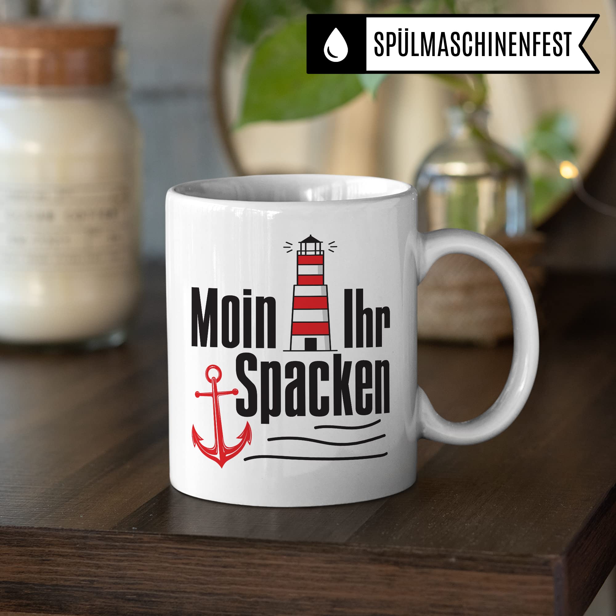 Moin ihr Spacken Tasse Kaffee-Tasse Geschenkidee für Norddeutsche Norddeutschland Meer Nordsee Ostsee Kaffeebecher