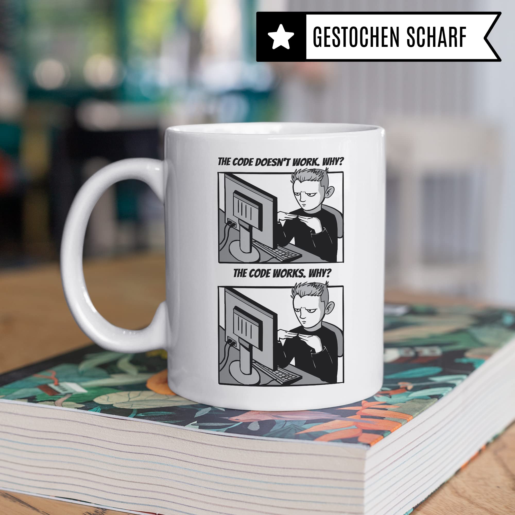 Informatik Geschenk Tasse, The Code doesn´t work - Why? Geschenkidee für Programmierer Kaffee-Becher Informatiker Programmieren Teetasse mit Spruch lustig